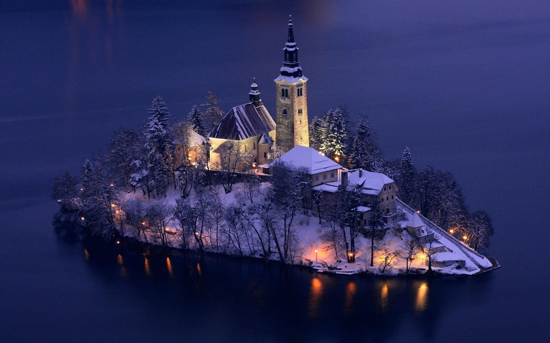 gray, spire, island, building exterior, tree, reflection, night, nature, architecture, tower, Slovenia, water, castle, painted, waterfront, nautical vessel, HD Wallpaper