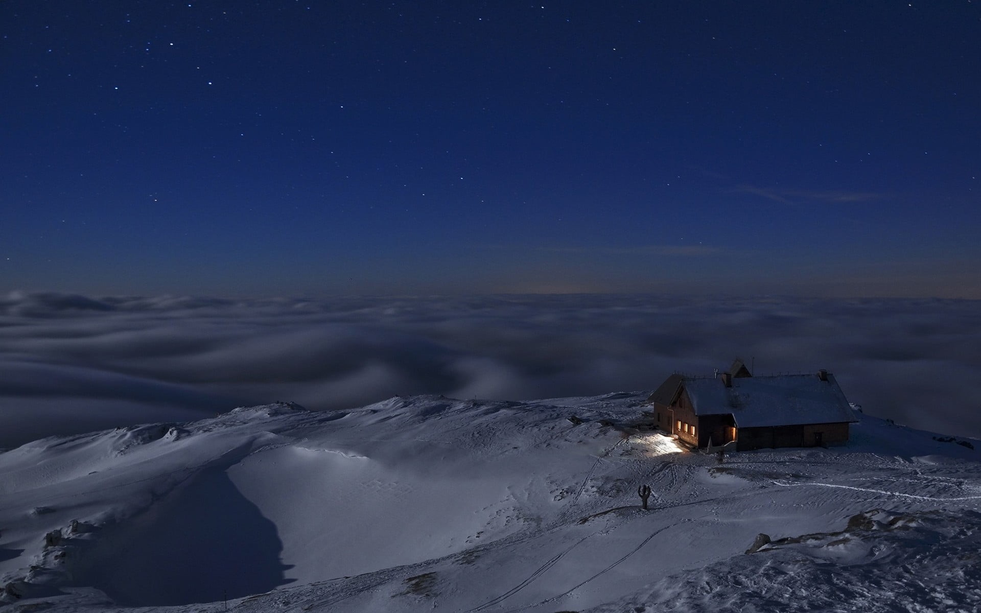 tranquil scene, environment, winter, clouds, brown, snow, outdoors, white, astronomy, night, mountain, cloud - sky, cottage, Slovenia, starry night, house, HD Wallpaper