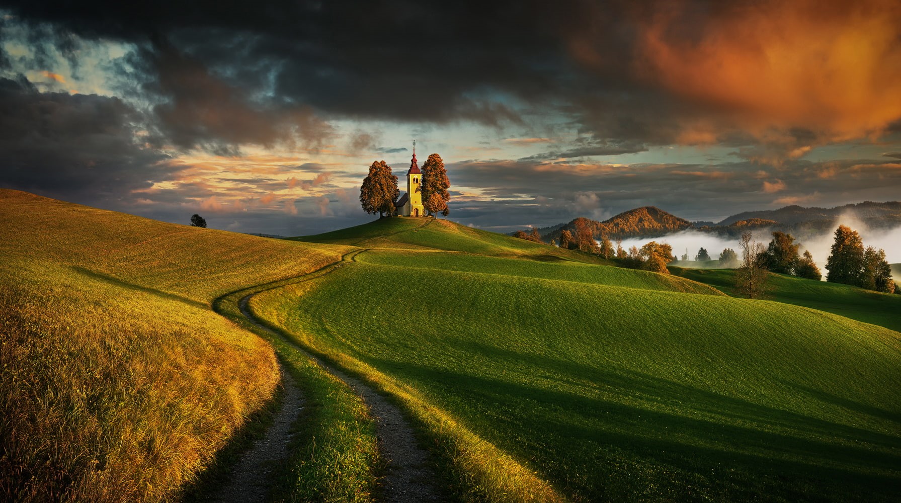 trees, mountains, fall, path, landscape, Slovenia, field, sky, Krzysztof Browko, 720P, grass, church, clouds, sunset, nature, horizon, HD Wallpaper