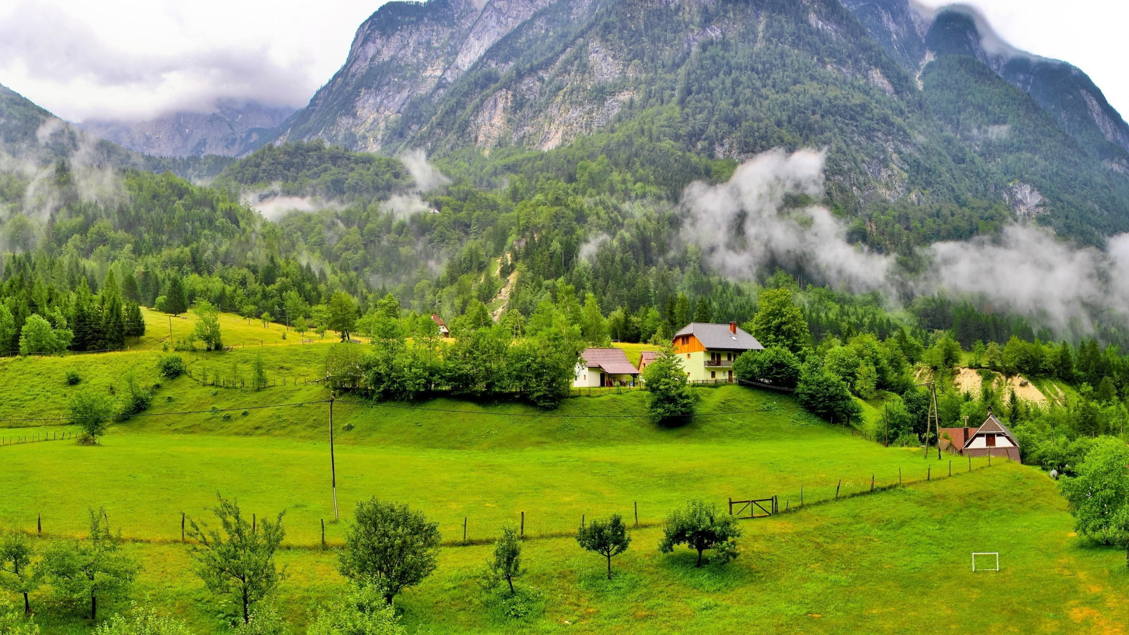plant, mountain village, vegetation, 4K, tranquility, no people, grass, europe, highland, non-urban scene, cloud - sky, green color, day, architecture, HD Wallpaper