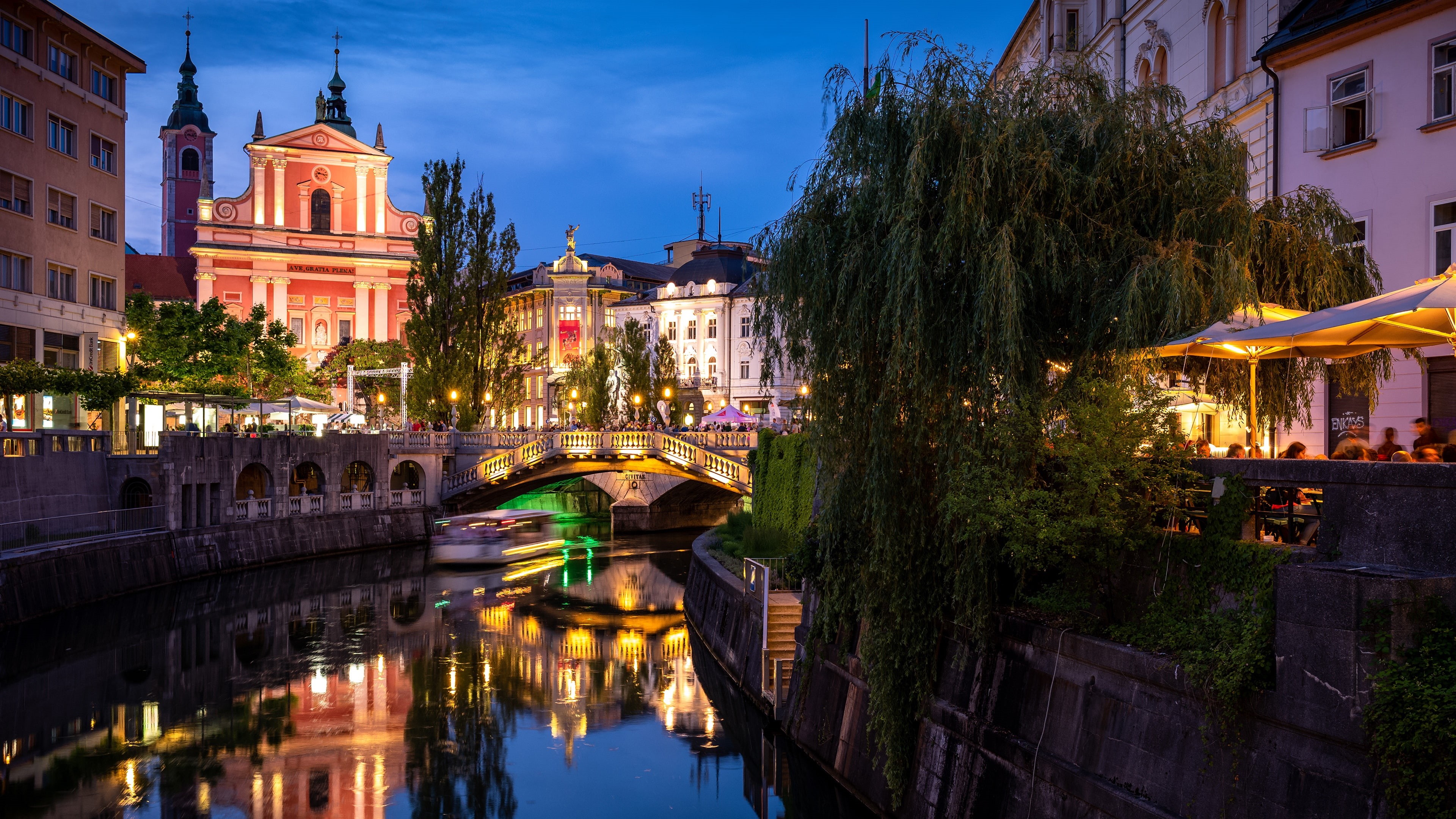 bridge, slovenia, 4K, europe, landmark, sky, cityscape, evening, reflection, tourist attraction, canal, city, ljubljana, HD Wallpaper
