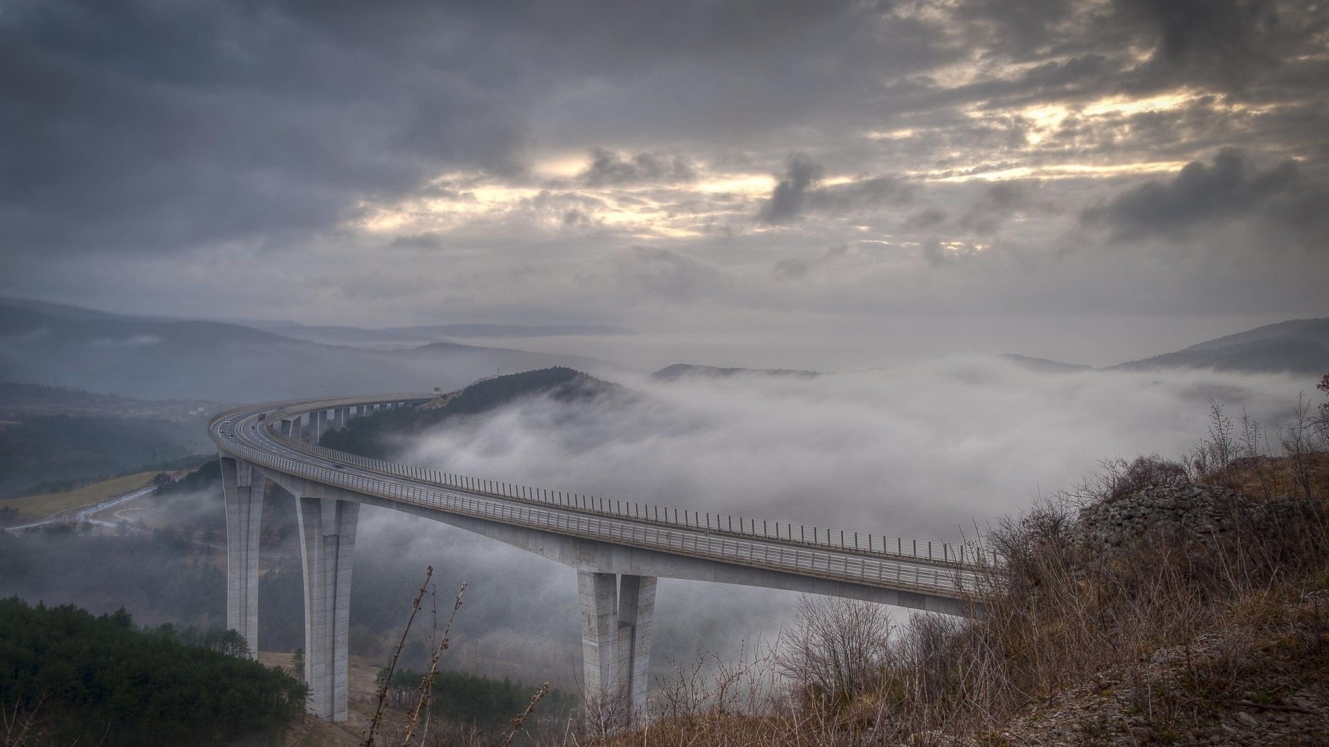 clouds, no people, water, nature, connection, travel destinations, sky, gray, scenics - nature, transportation, bridge, cloud - sky, Slovenia, beauty in nature, HD Wallpaper