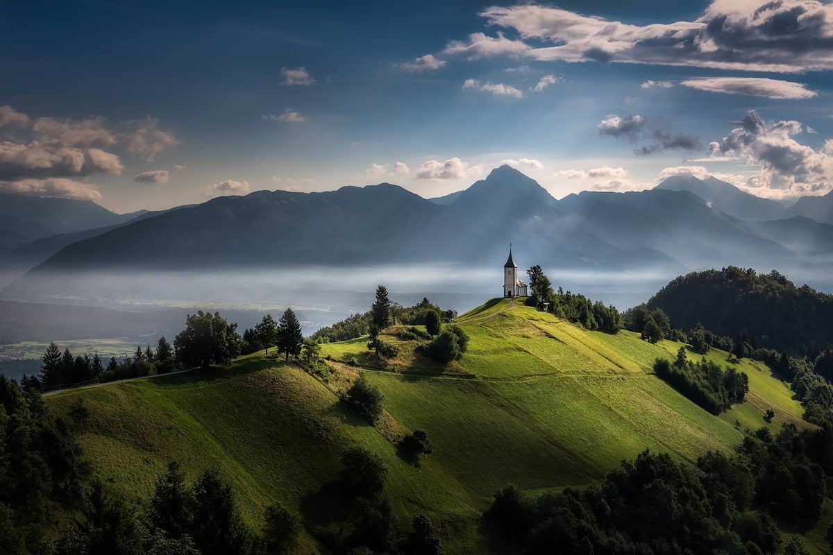 non-urban scene, tranquility, green color, church, tree, grass, idyllic, day, scenics - nature, cloud - sky, land, 480P, trees, sunlight, outdoors, field, HD Wallpaper