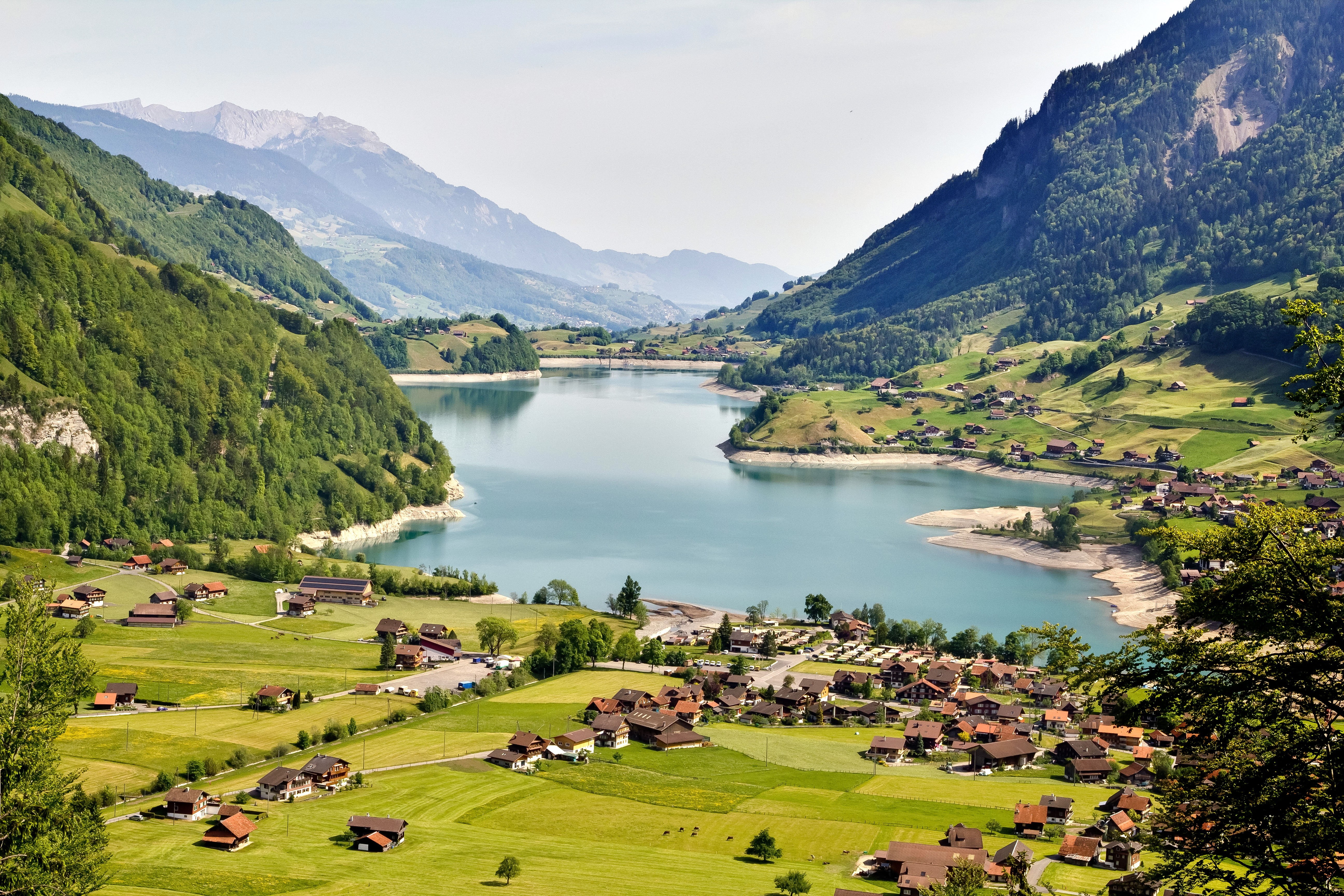 european Alps, tourists, picks, houses, landscape, village, 70mm, visitors, urban, green Color, hill, Switzerland, 5K, mountain, nature, water, scenics, HD Wallpaper