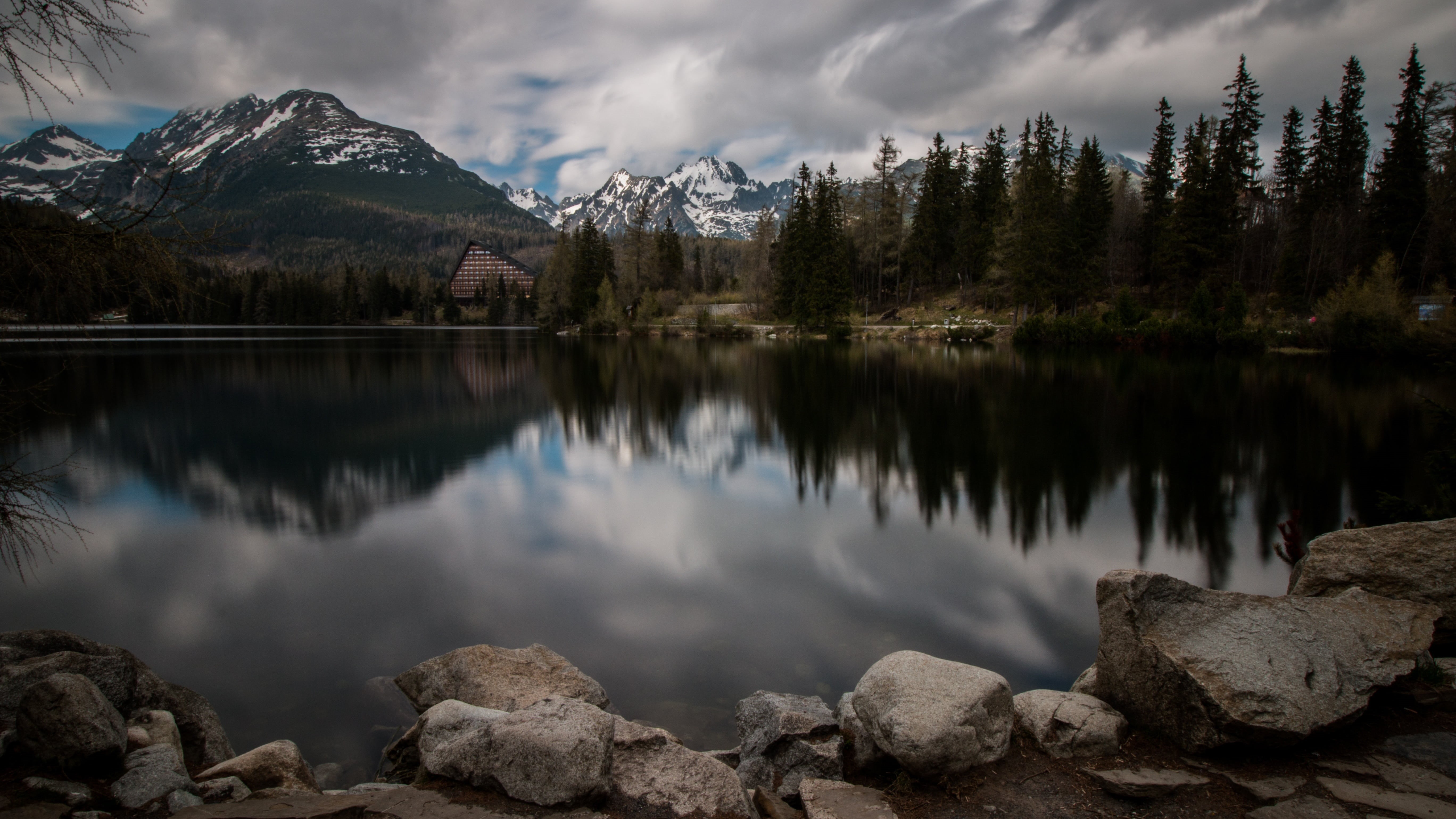 snowcapped mountain, mountain, cloud - sky, reflection lake, tree, tranquility, pine woodland, solid, tourism, outdoors, rock, plant, travel, beauty in nature, HD Wallpaper