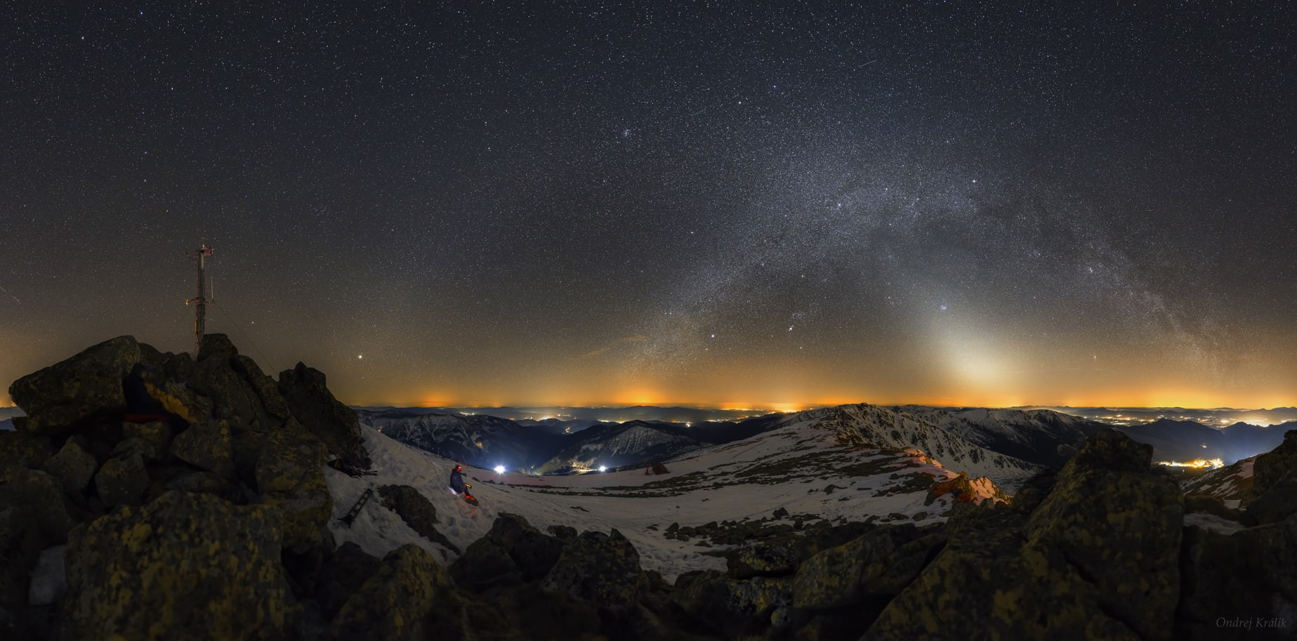 panorama, Ondrej Králik, photography, Milky Way, horizon, nature, lights, landscape, hills, starry night, night, winter, 720P, stars, Slovakia, snow, men, HD Wallpaper