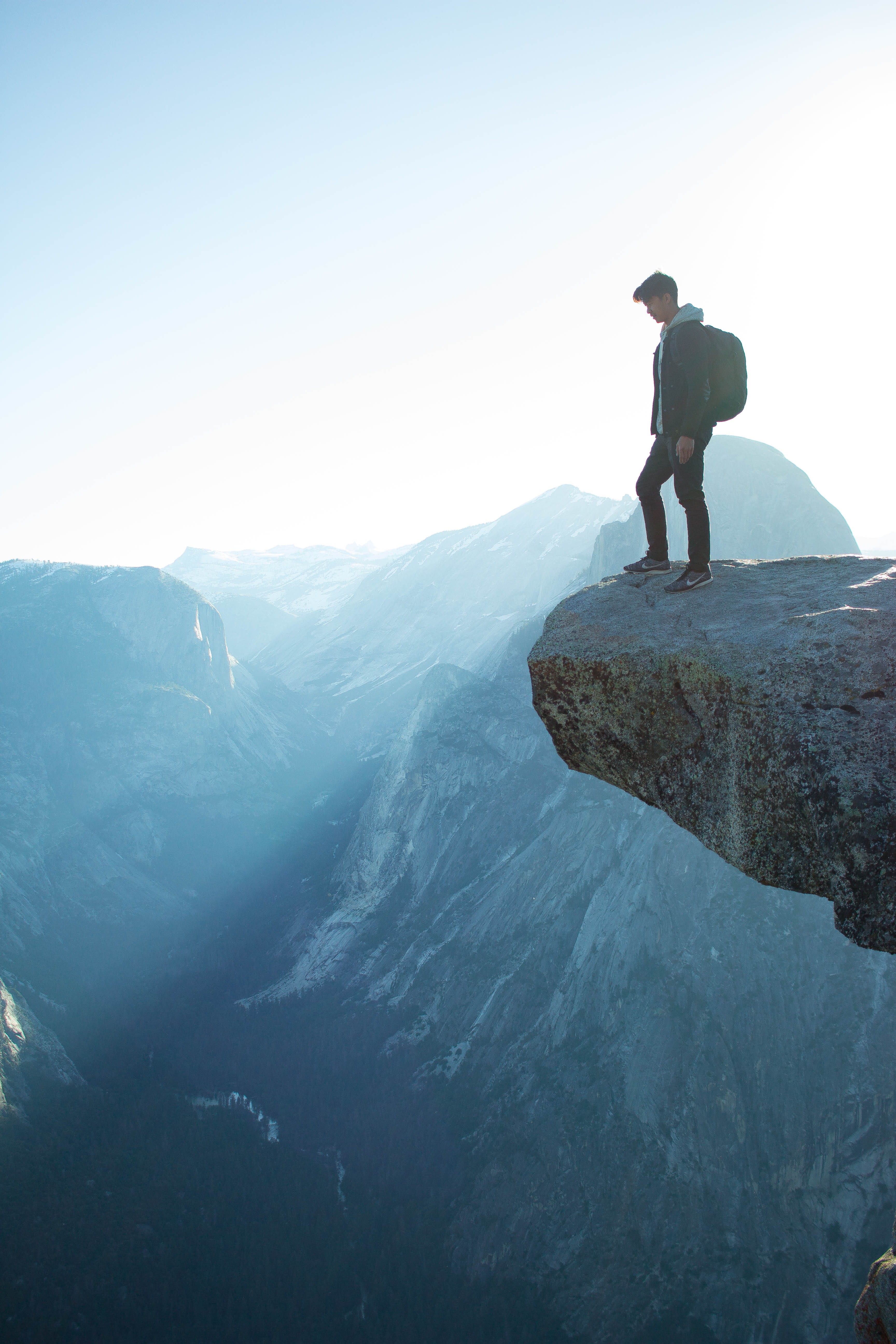 outdoors, john muir, rock - object, male, brave, person, beauty in nature, full length, activity, looking at view, tranquility, edge, mountain range, real people, Phone HD Wallpaper
