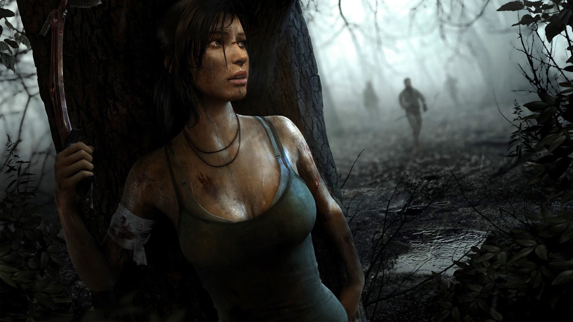 lifestyles, young adult, Tomb Raider, Rise of the Tomb Raider, 1080P, contemplation, nature, adult, leisure activity, hair, tree, one person, tree trunk, HD Wallpaper