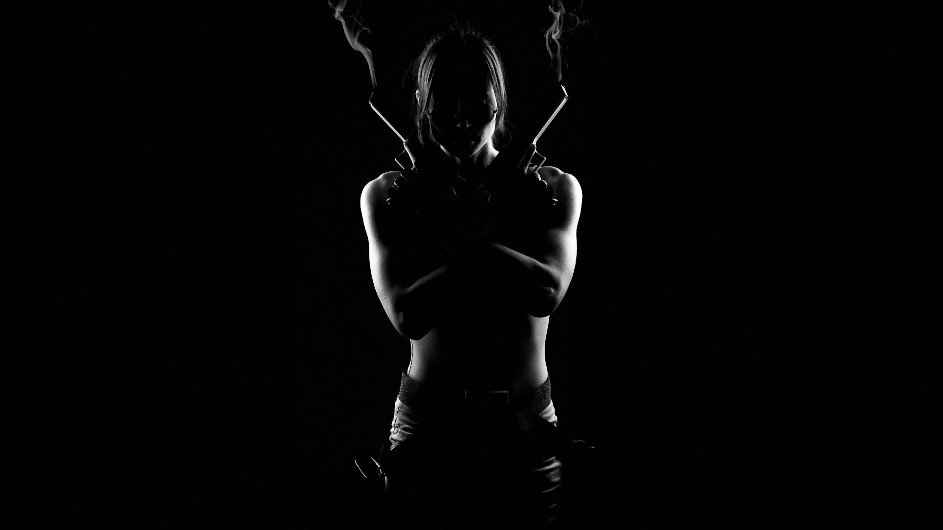 human body part, copy space, women, 1080P, arms raised, one person, three quarter length, gun, monochrome, studio shot, human arm, Lara Croft, adult, motion, HD Wallpaper