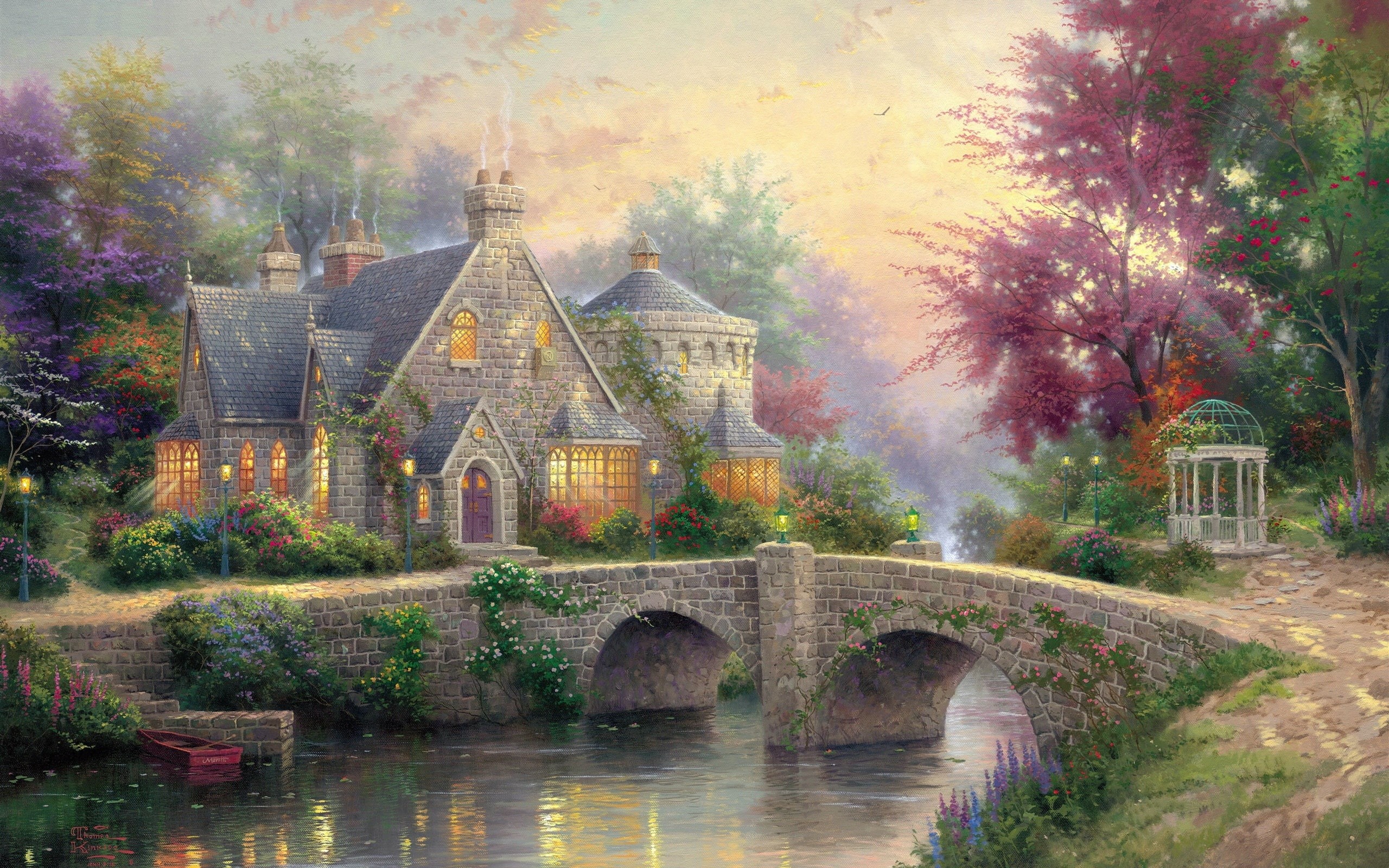 River, Dusk, Lamps, Bridge, Art, House, Trees, Painting, 2K, Lamplight, Manor, HD Wallpaper