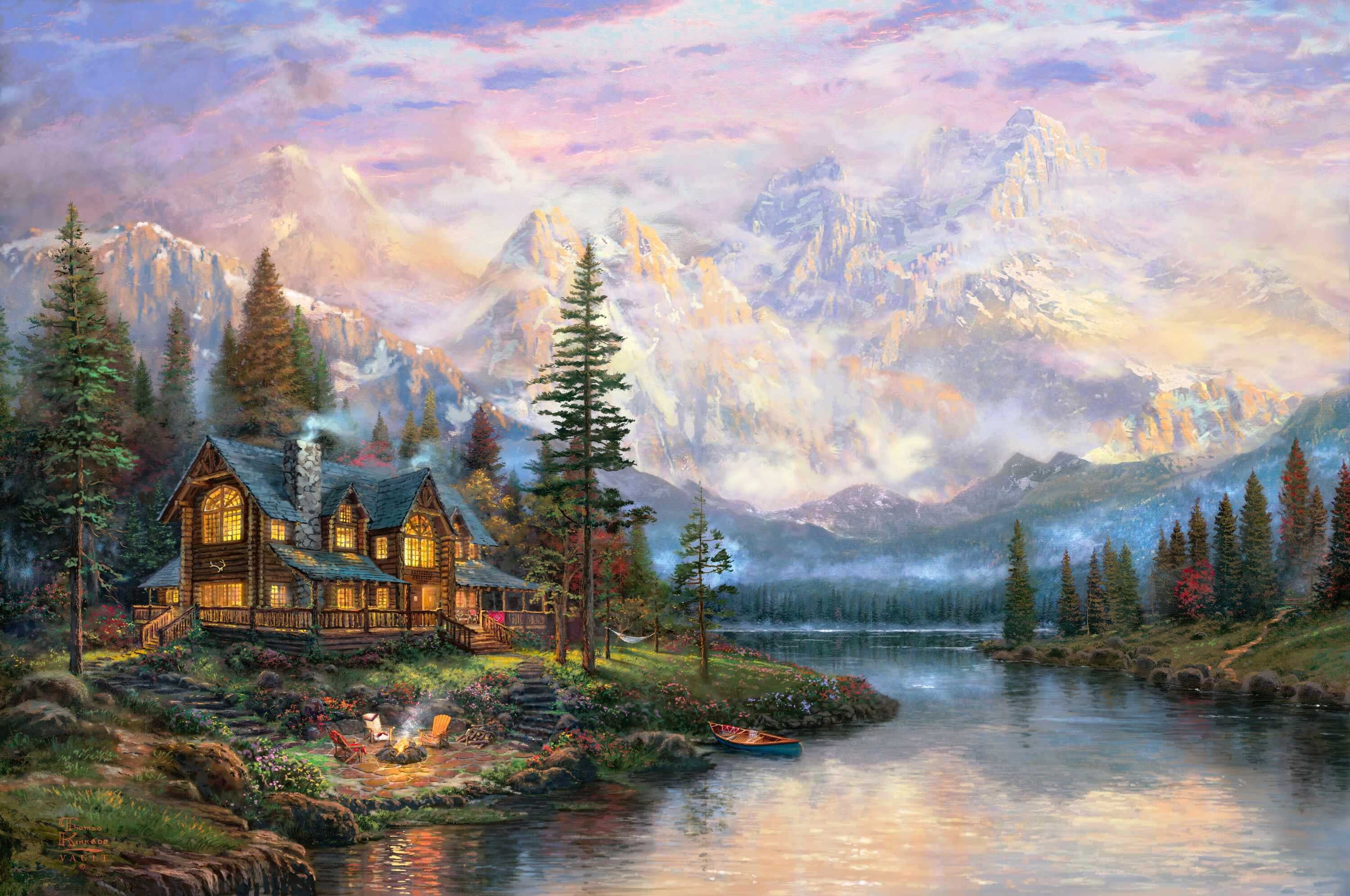 painting, fire, Cathedral Mountain Lodge, house, sunset, tranquility, hammock, summer, cloud - Sky, sky, 2K, sunrise - Dawn, scenics - nature, morning, HD Wallpaper