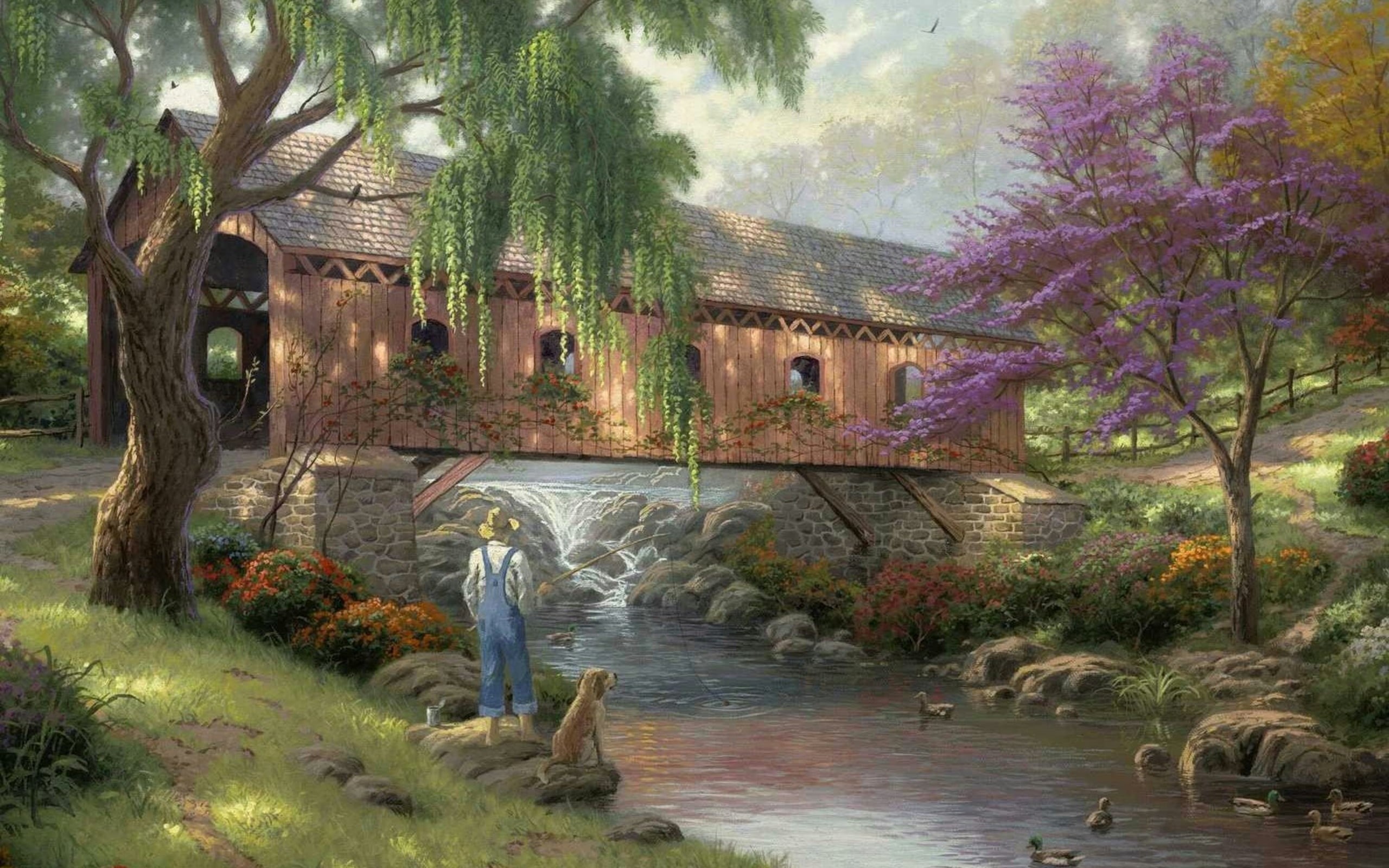 travel, fishing, vertebrate, painting, bridge, brown, history, plant, pond, building exterior, fisherman, growth, animal, ornamental Garden, landscape, HD Wallpaper
