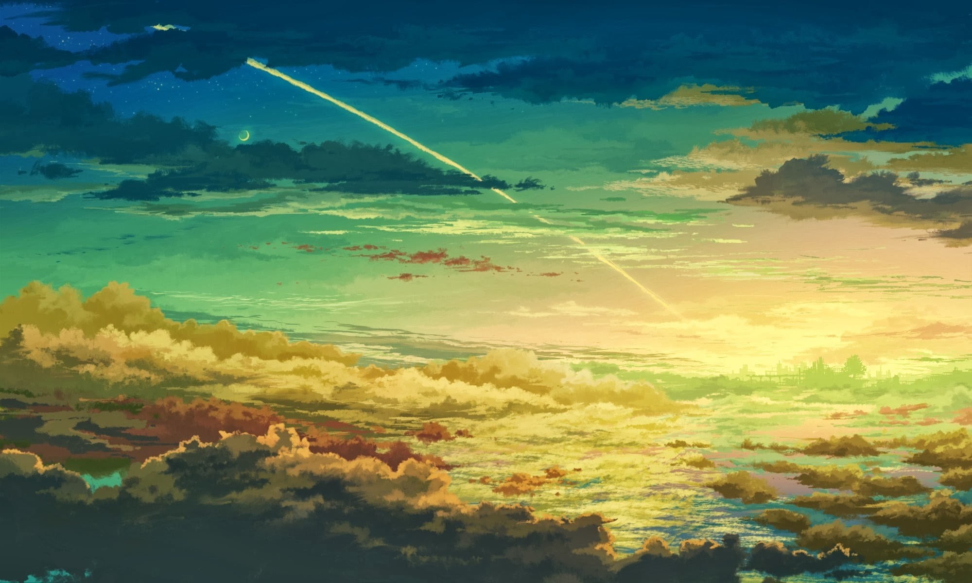 sunset, day, vapor trail, landscape, near, no people, tranquil scene, 1080P, cloudscape, dramatic sky, clouds, painting, colorful, brown, scenics - nature, HD Wallpaper