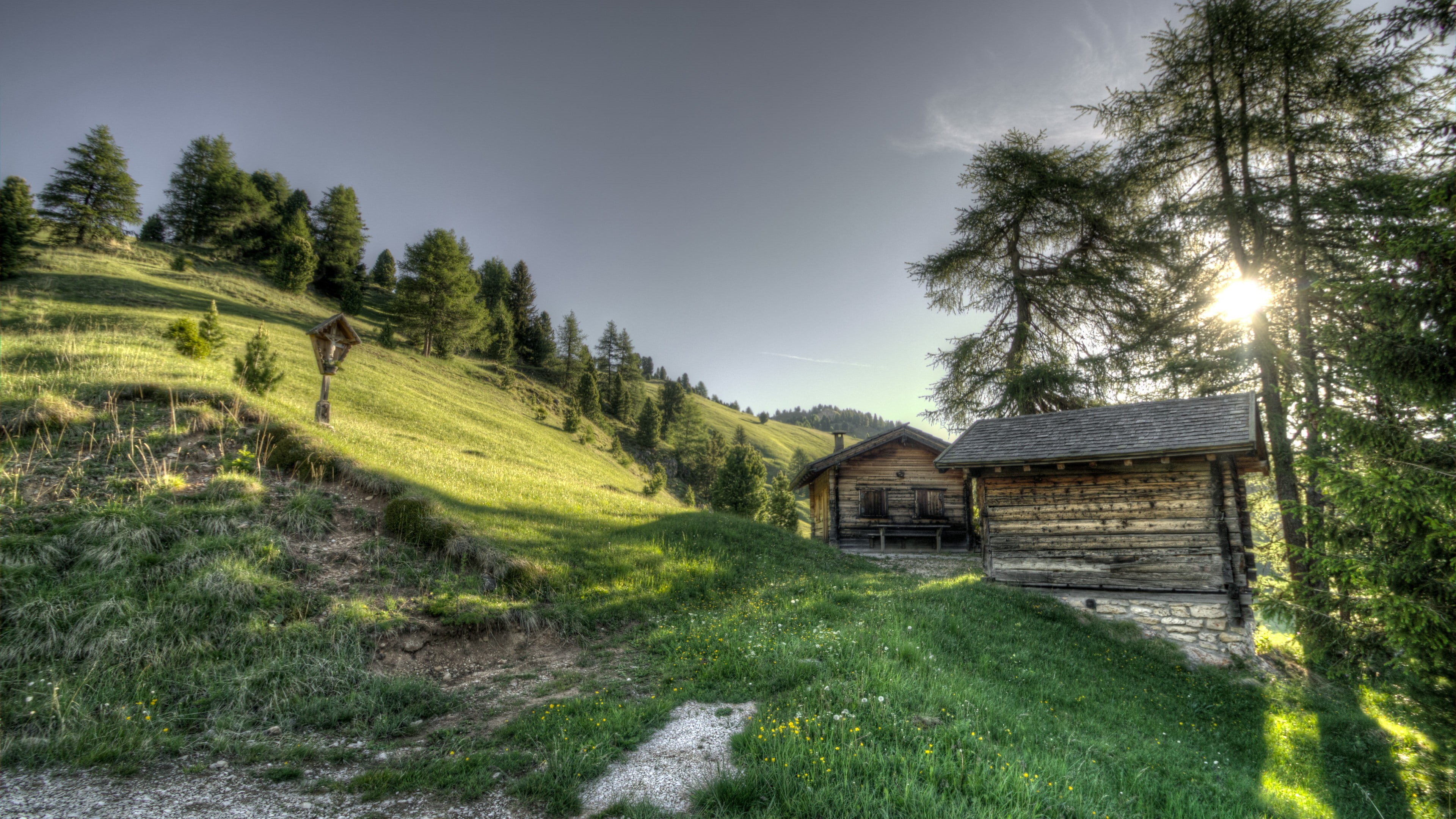 tree, hill, cloud, path, log cabin, mountain village, rural area, mountain, 4K, nature, meadow, wilderness, grass, cabin, landscape, grassland, house, HD Wallpaper