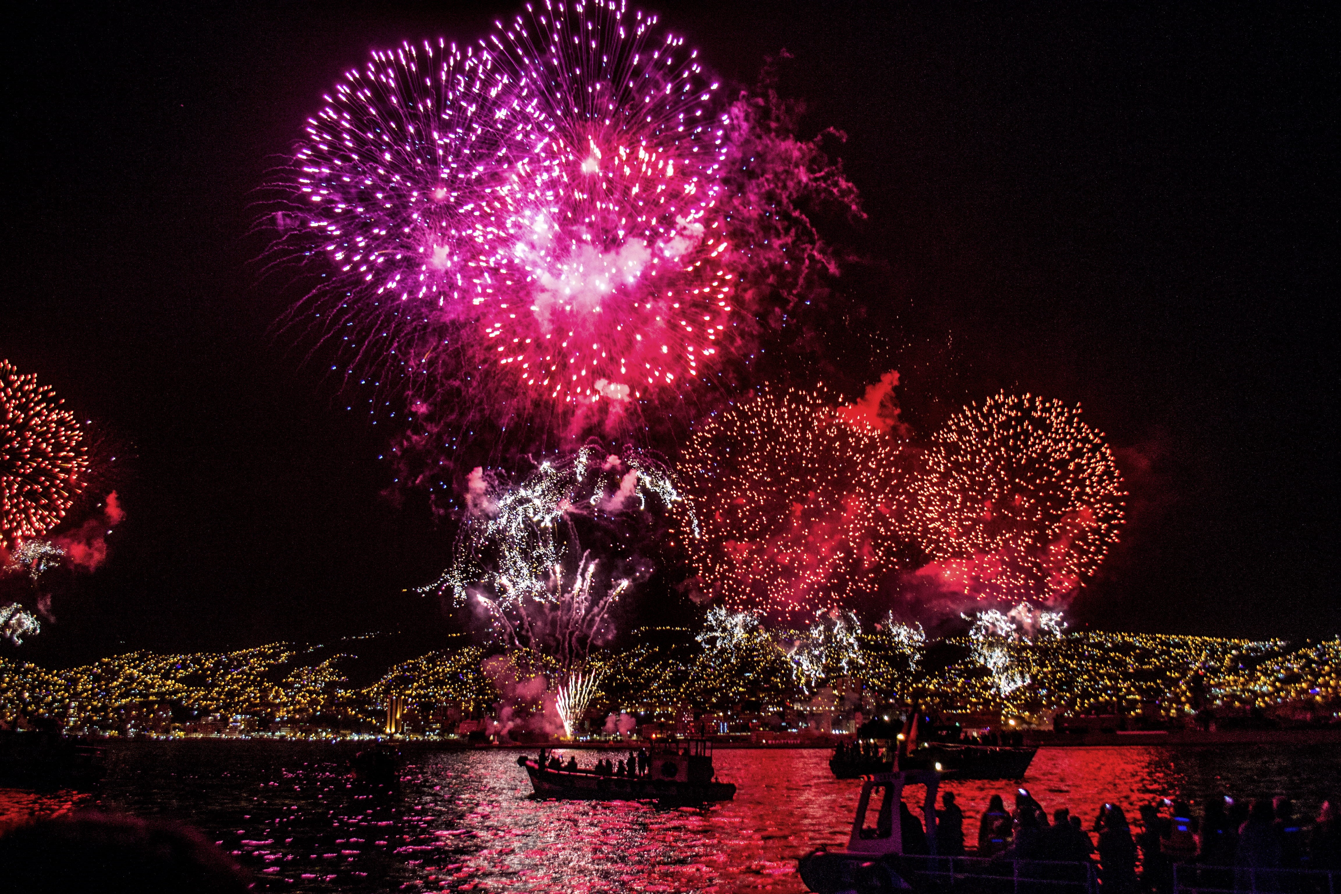 night, exploding, multi Colored, outdoors, nautical vessel, works, firework Display, bright, event, motion, red, arts culture and entertainment, tree, celebration, HD Wallpaper