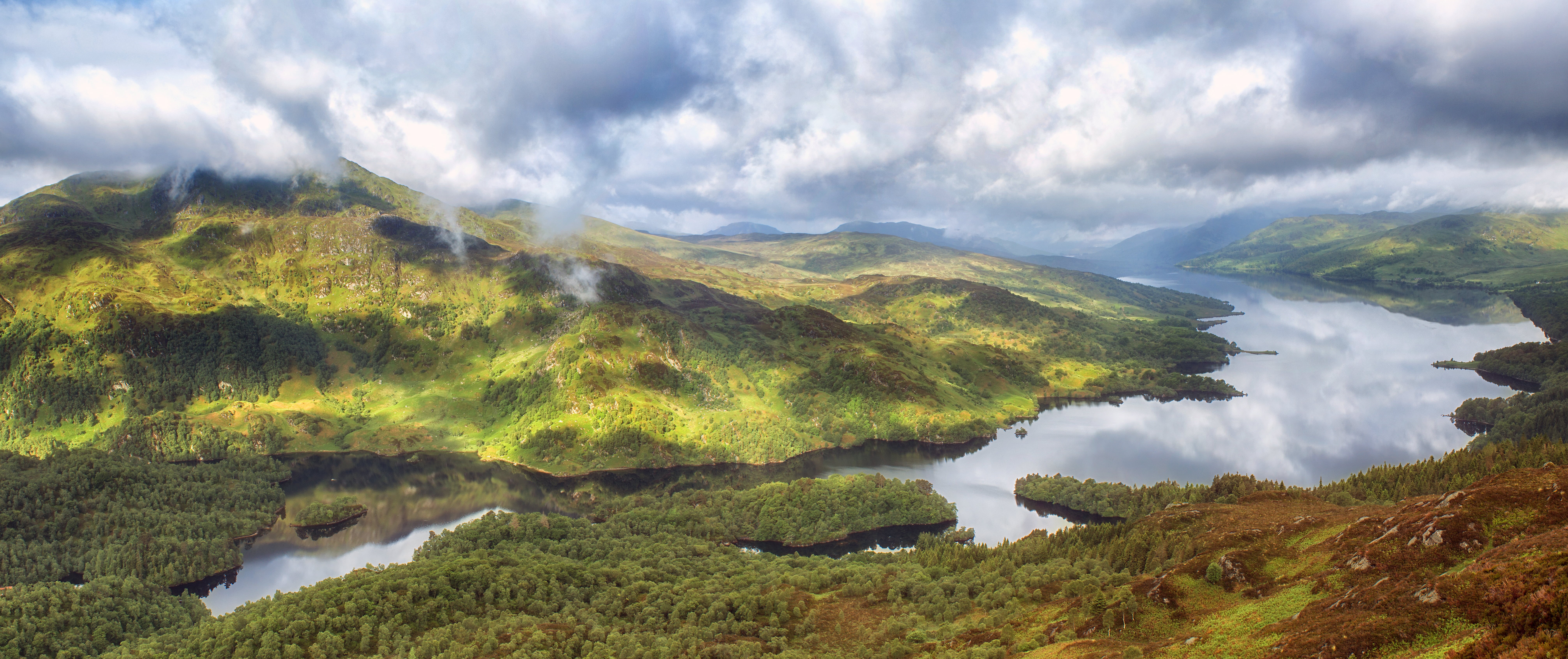 summer, Loch Katrine, Goblin, 8K, Trossachs, Ben Venue, Scotland, Mountain, travel, view, photography, forest, scenics, outdoors, landscape, hill, aerial, HD Wallpaper