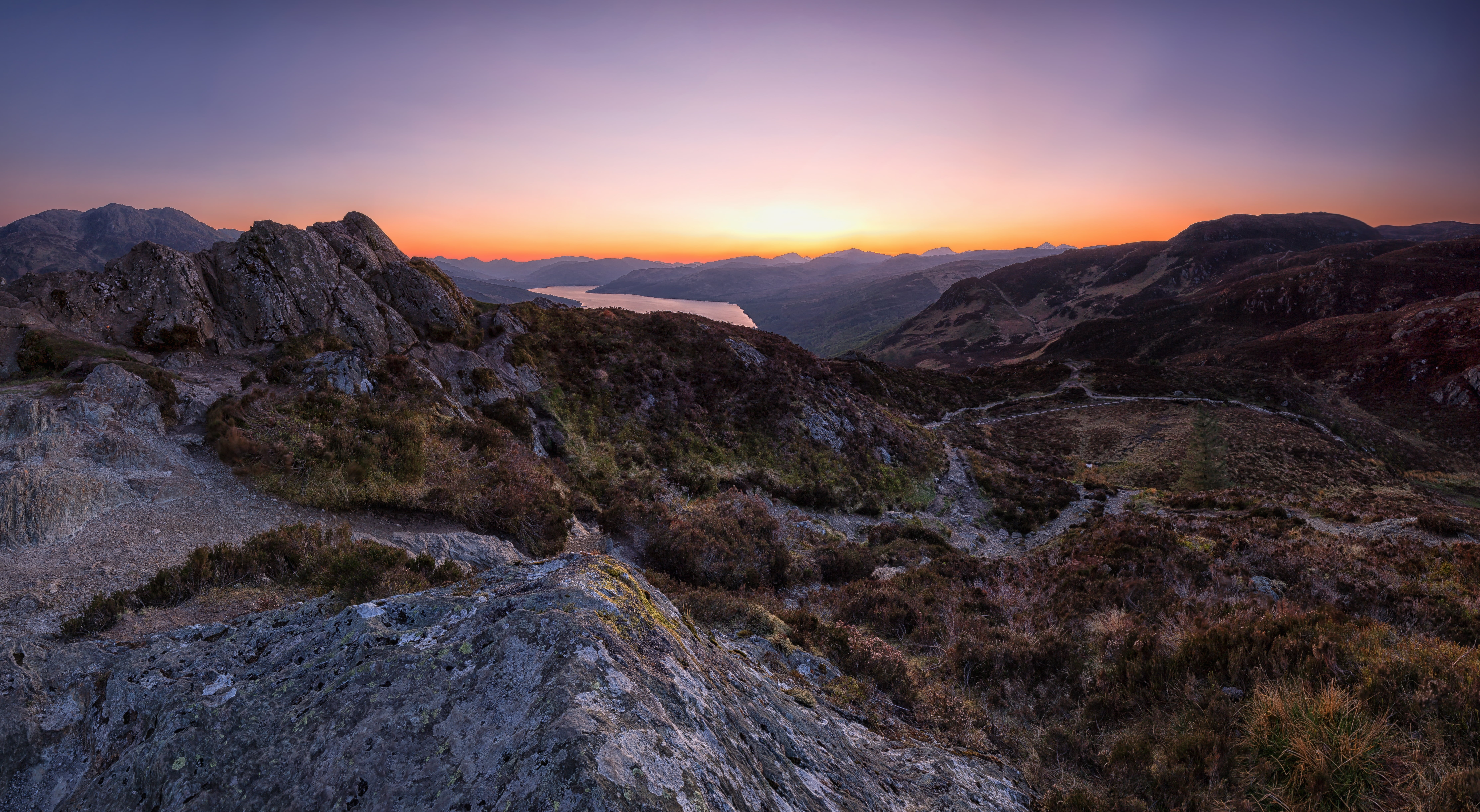hour, sunrise - Dawn, rocky mountains, Ben Aan, Trossachs, mountain Peak, Sunset, golden, Stepping Stones, nature, mountain, 8K, photo, mountains, outdoors, HD Wallpaper