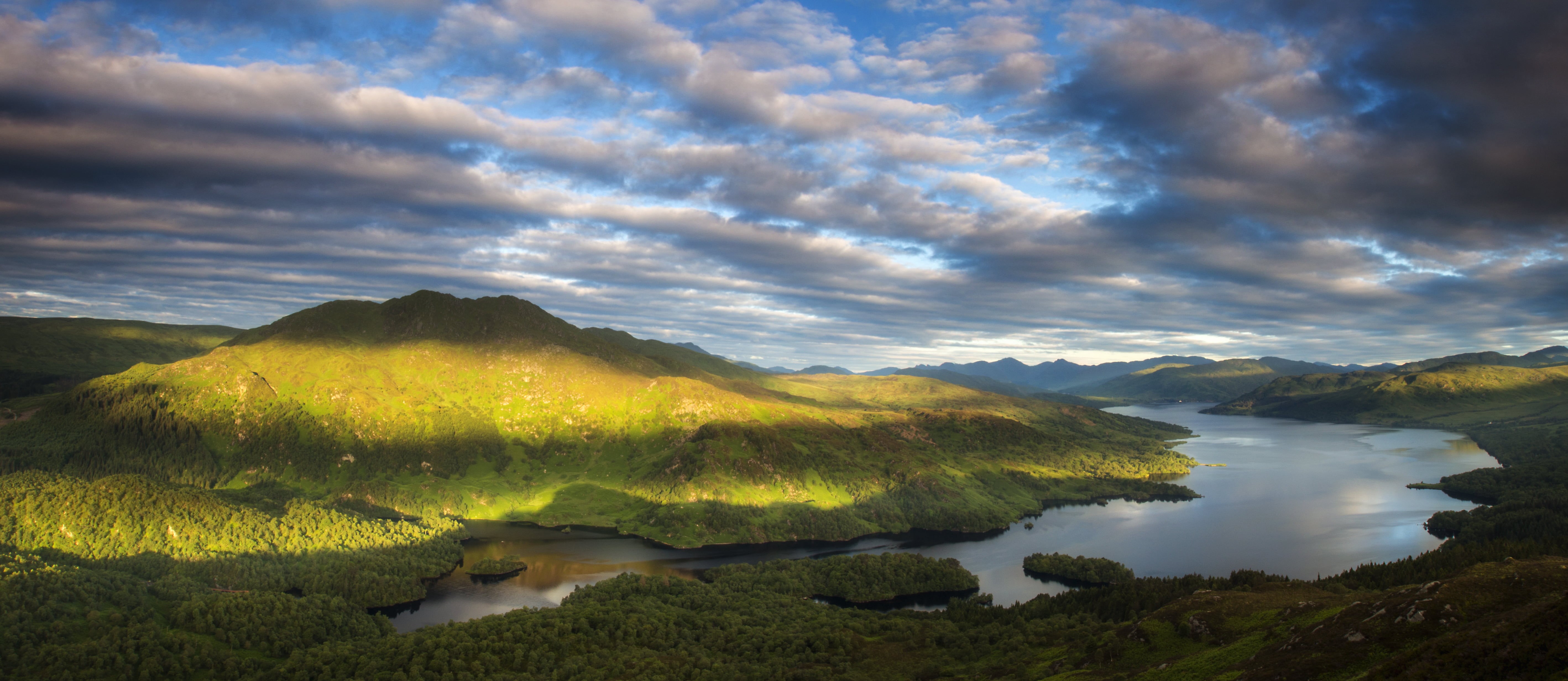 daytime, scenics, katrine, scotland, sunrise, outdoors, trossachs, summer, body of water, cloud - Sky, distance, Loch Katrine, ben, venue, water, travel, HD Wallpaper