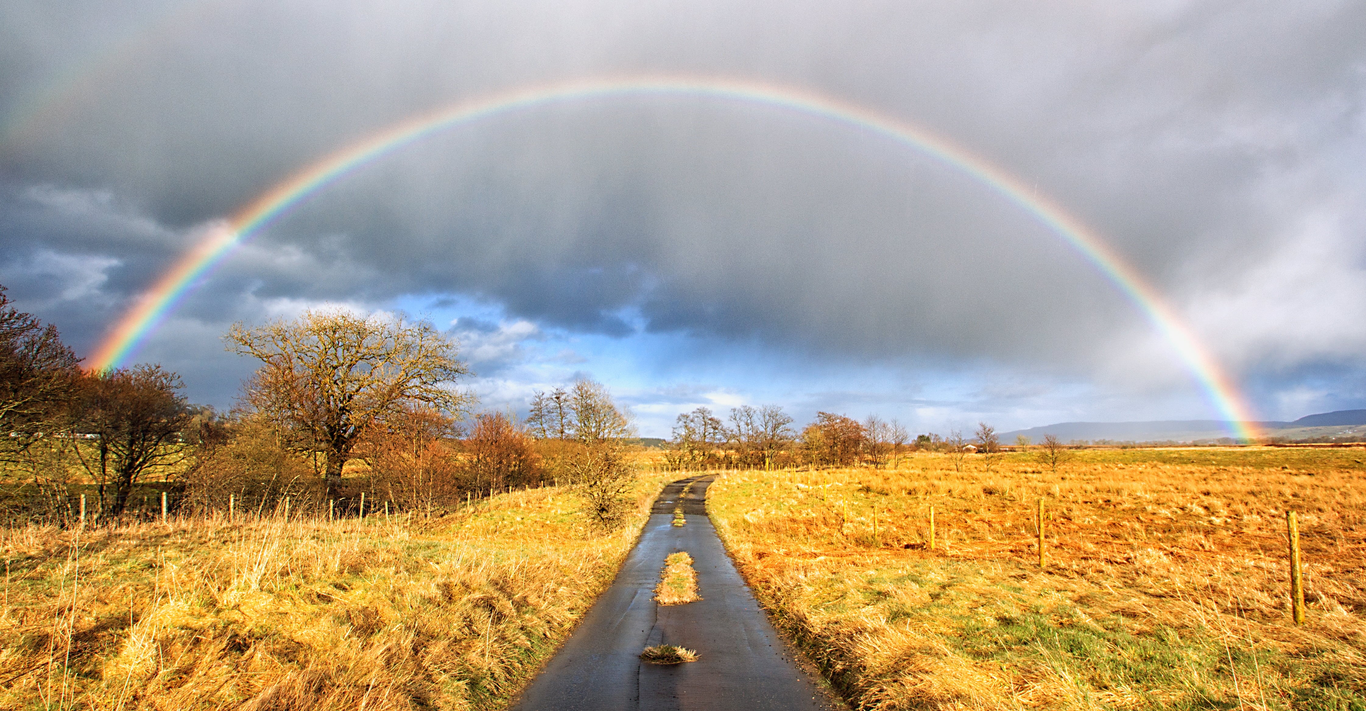 Flanders moss, way, road, daytime, rainbow, nature, outdoors, landscape, Scotland, Trossachs, field, The Golden Road, 4K, plane, rural Scene, HD Wallpaper
