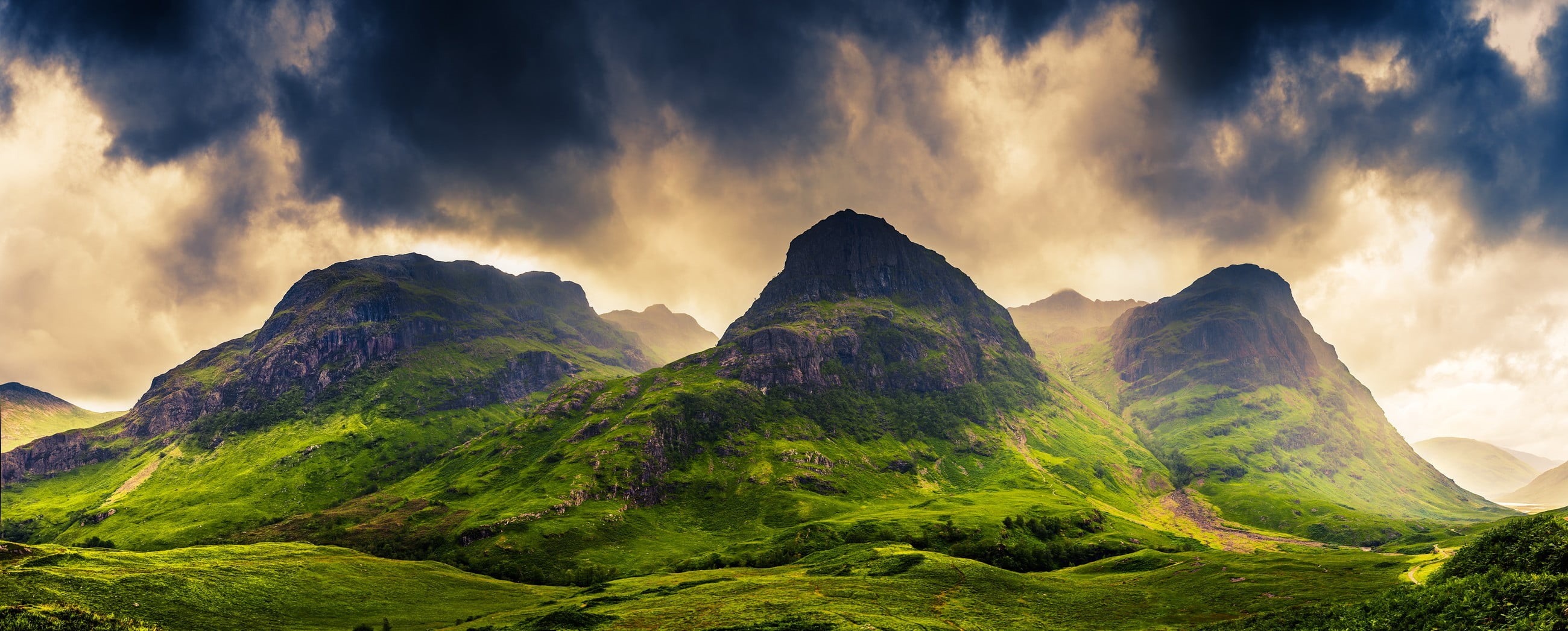 no people, plant, sky, land, beauty in nature, Scotland, tranquil scene, grass, mountain range, UK, environment, spring, green, landscape, cloud - sky, HD Wallpaper