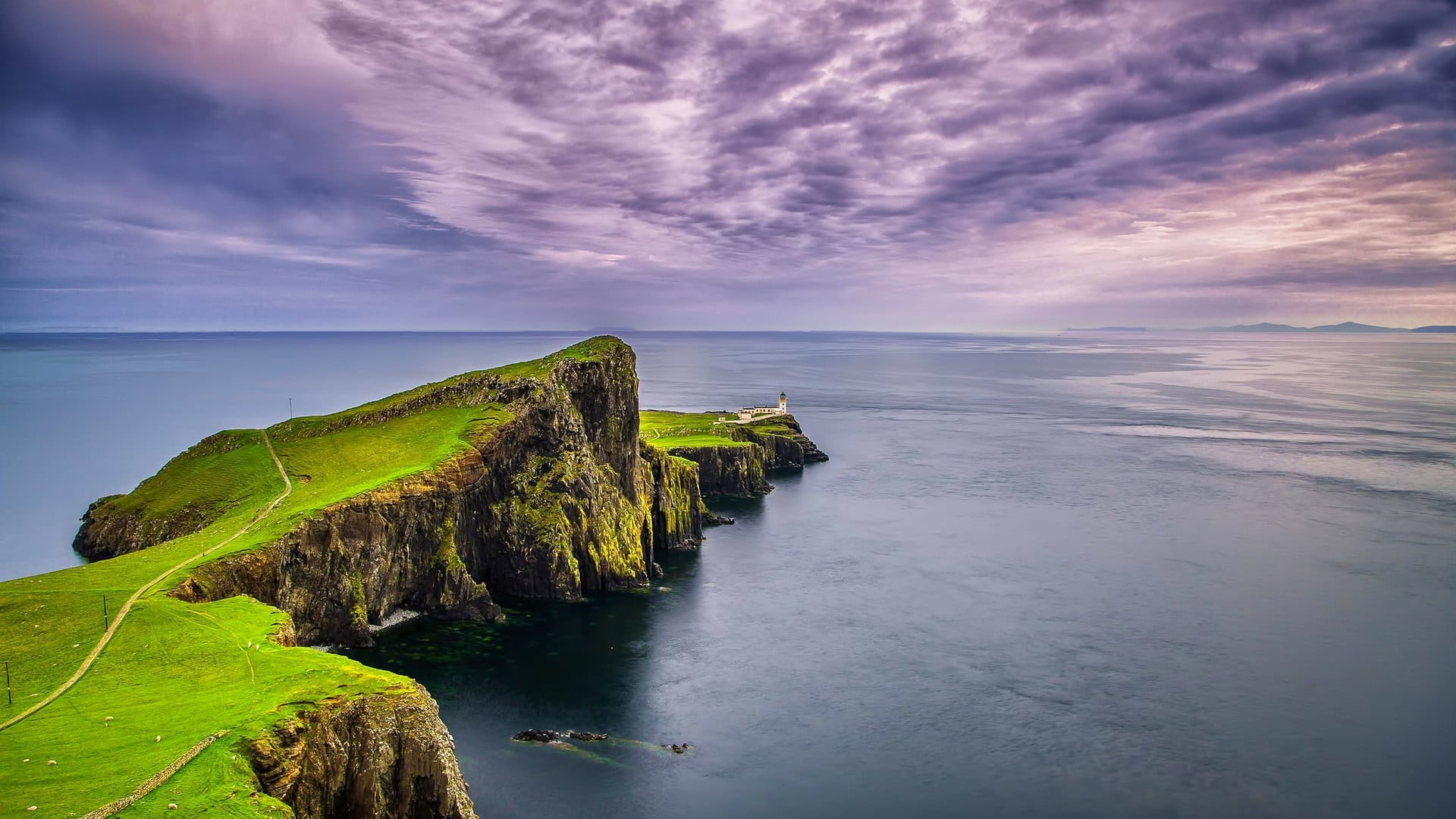 outdoors, ocean, sky, Scotland, cliff, 1080P, environment, beauty in nature, rock, sea, tranquil scene, landscape, lighthouse, nature, no people, water, HD Wallpaper