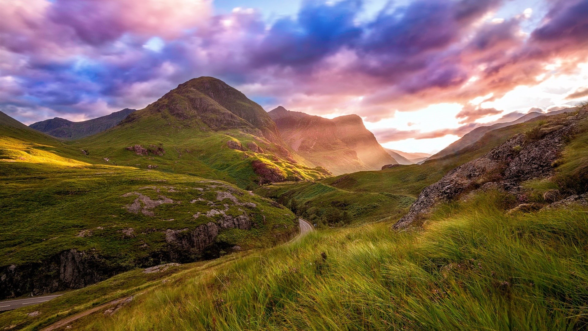 Highland, Mountain, Clouds, 1080P, Road, Scotland, Valley, Sky, Sunset, HD Wallpaper