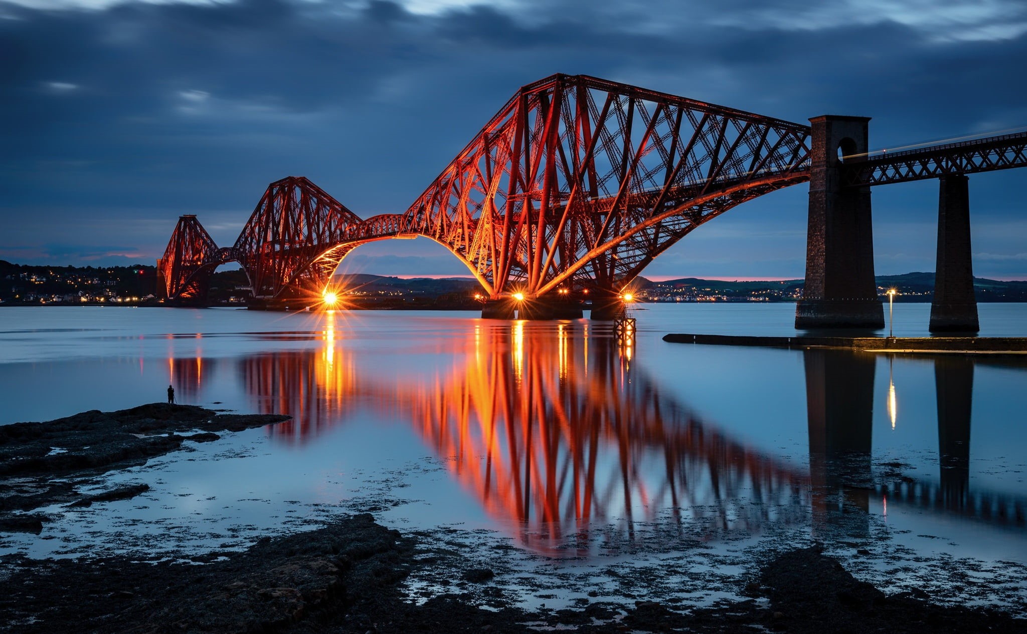 Scotland, 1080P, South Queensferry, bridge, Blue Hour, reflection, HD Wallpaper