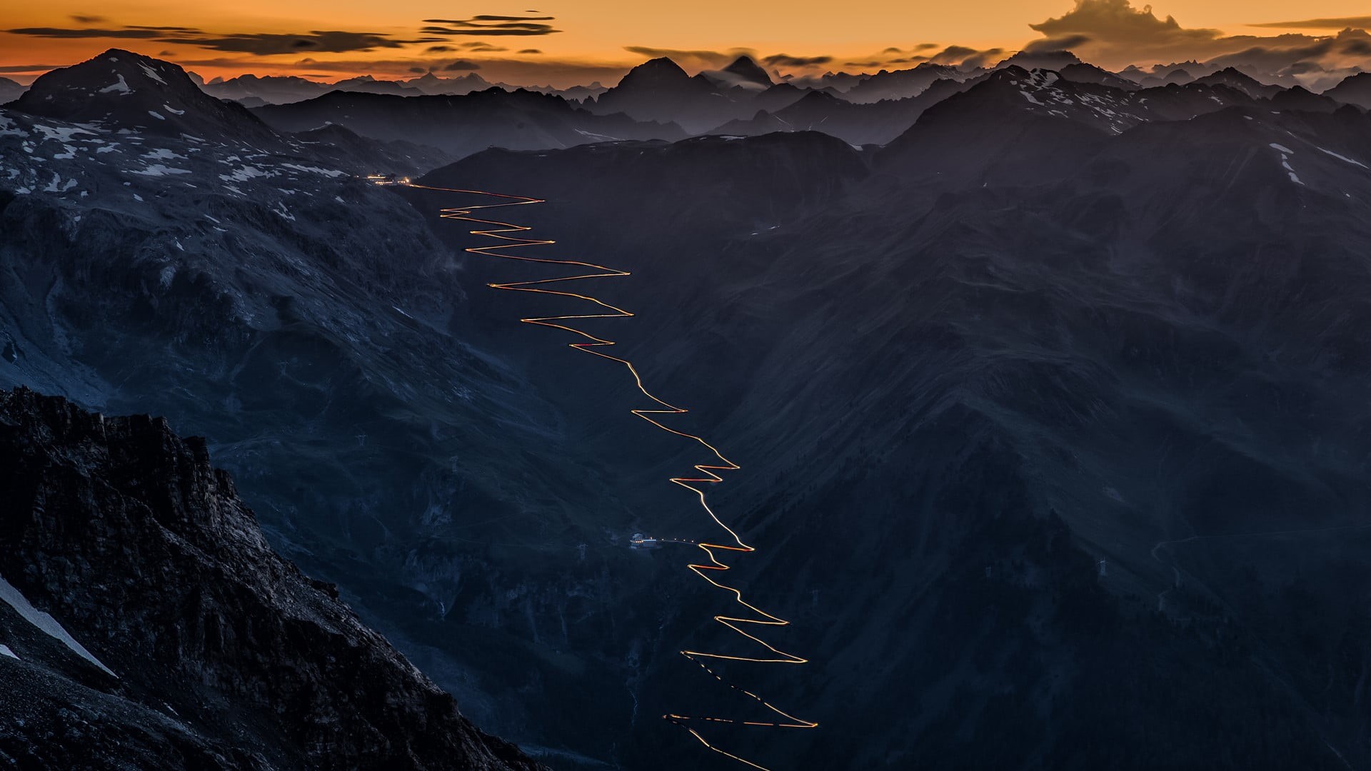 clouds, sky, nature, far view, rocks, landscape, valley, 1080P, snow, road, Stelvio Pass, mountains, Italy, sunset, HD Wallpaper