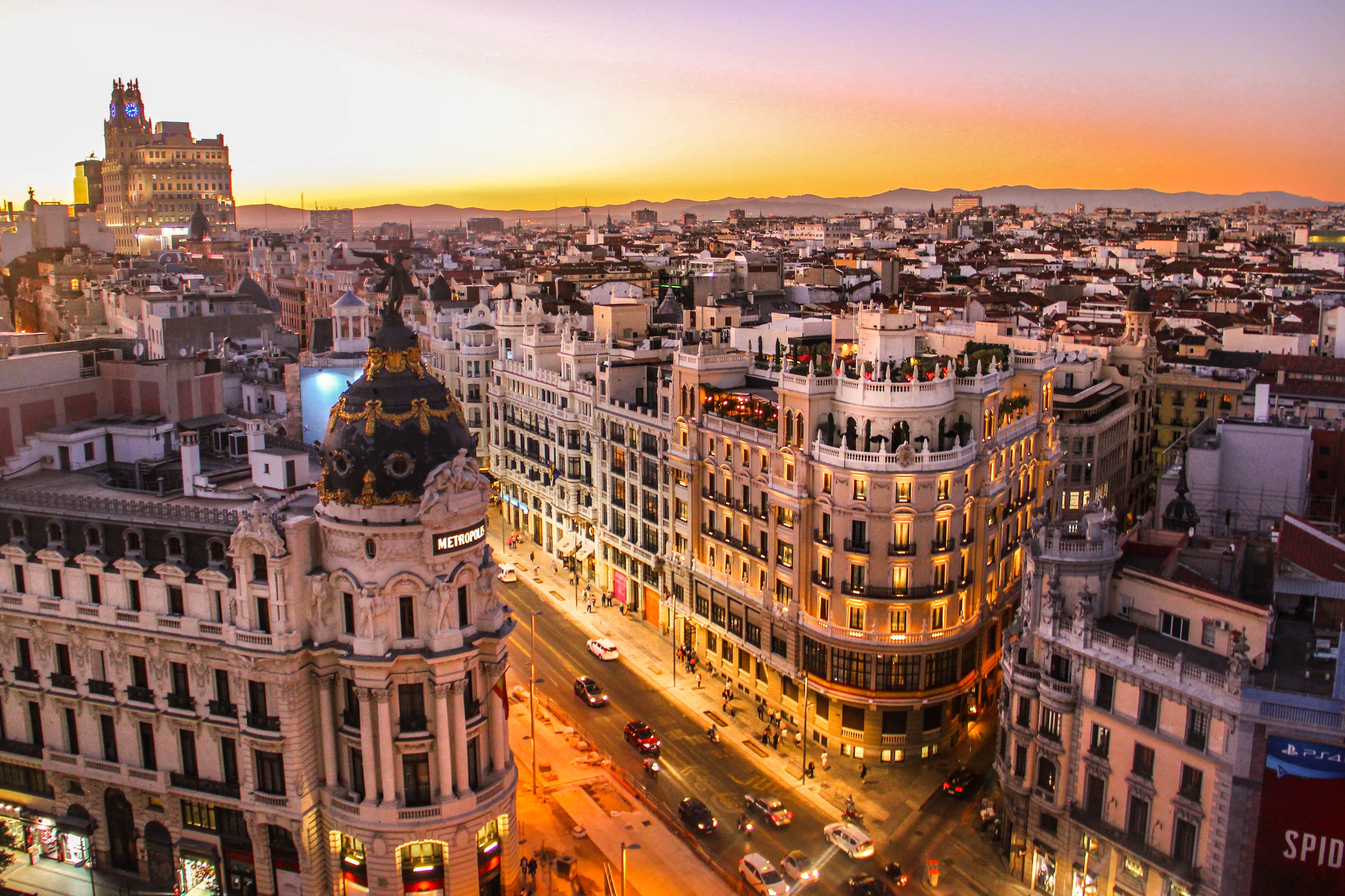 building exterior, high, cityscape, city life, monastery, rise, calle gran vía, tower, metropolis, photography, cathedral, aerial view, city street, landscape, HD Wallpaper