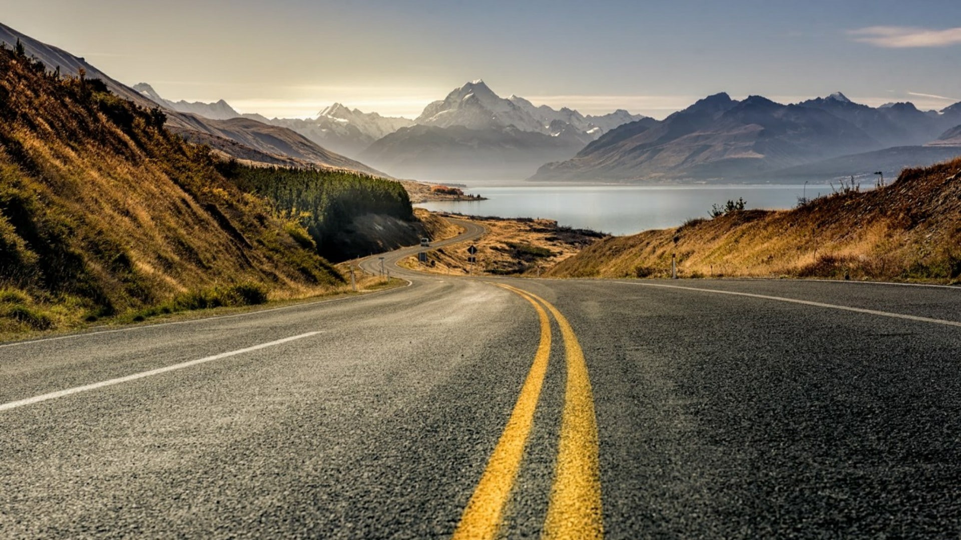 new zealand, aoraki, cloud, highway, mountain pass, sky, morning, pukaki lake, lake pukaki, road surface, road, mt cook, mountain, 1080P, horizon, national park, HD Wallpaper