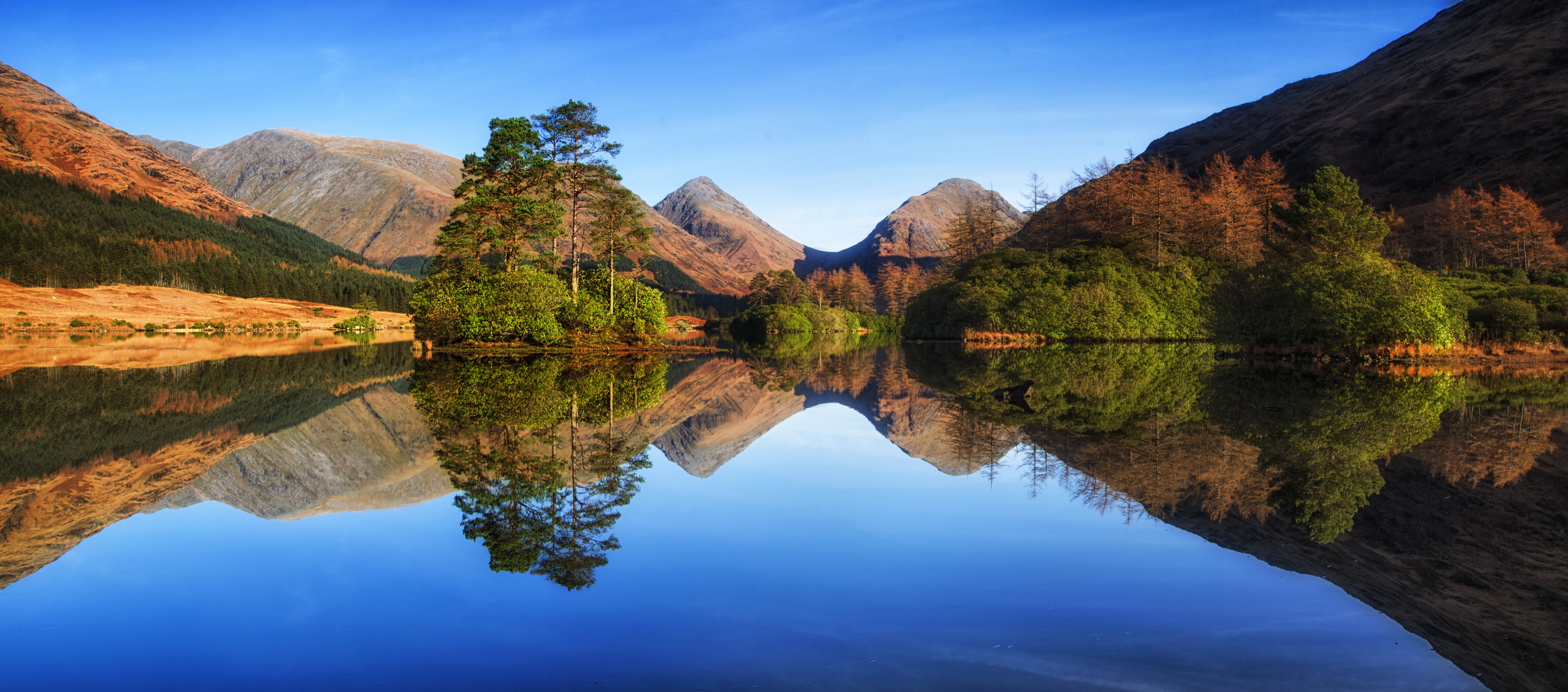 tree, reflection, lake, green, rock - Object, landscape, 5K, peaceful, scenics, calm, forest, travel, mountain Range, Buachaille Etive Mor, photography, HD Wallpaper