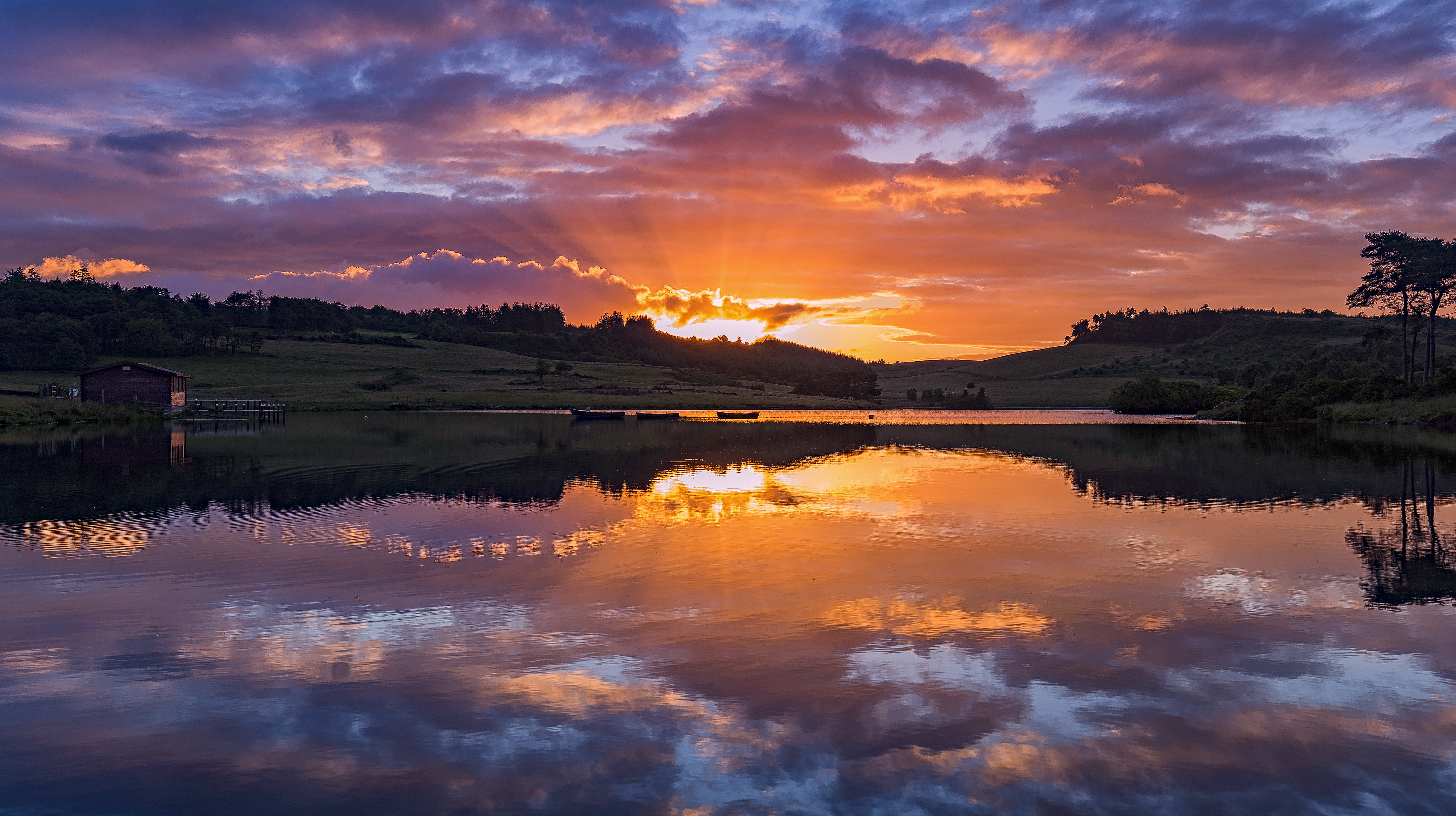 Scotland, sun, sunset, sky, USM, forest, nature, tree, 5K, Rowing boat, water, outdoors, House  Boats, mountain, f4, dusk, Renfrewshire, body, silhouette, HD Wallpaper