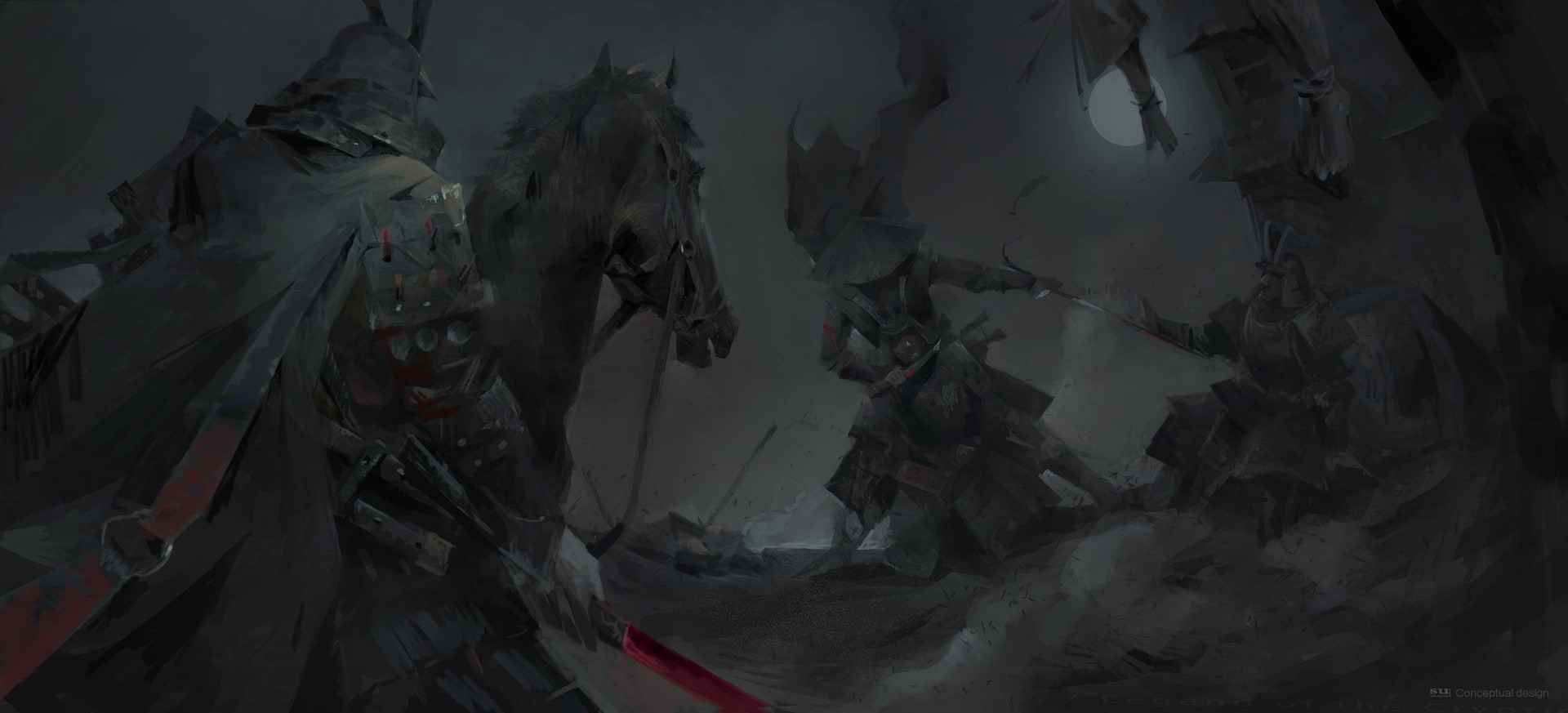 digital art, 1080P, horse, dark, dark fantasy, artwork, sword, samurai, fantasy art, HD Wallpaper