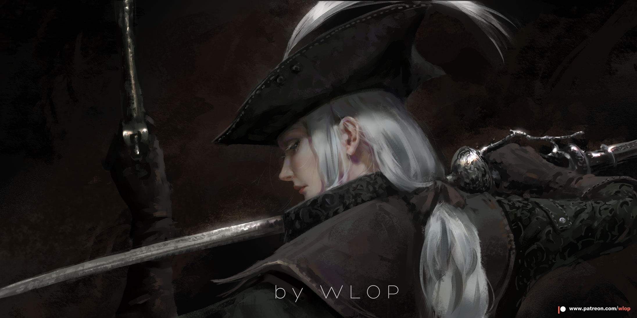 Lady Maria, women, 1080P, fantasy girl, sword, Bloodborne, white hair, digital art, warrior, weapon, hat, WLOP, HD Wallpaper