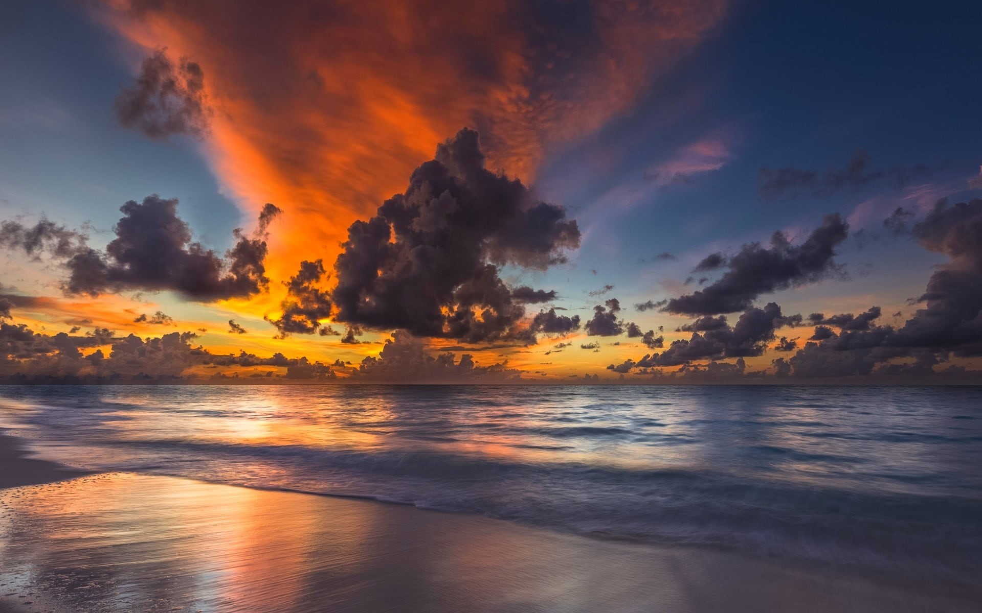 landscape, waves, idyllic, cloud - sky, Maldives, dramatic sky, beach, tranquility, sky, reflection, land, sea, orange color, nature, clouds, tranquil scene, HD Wallpaper
