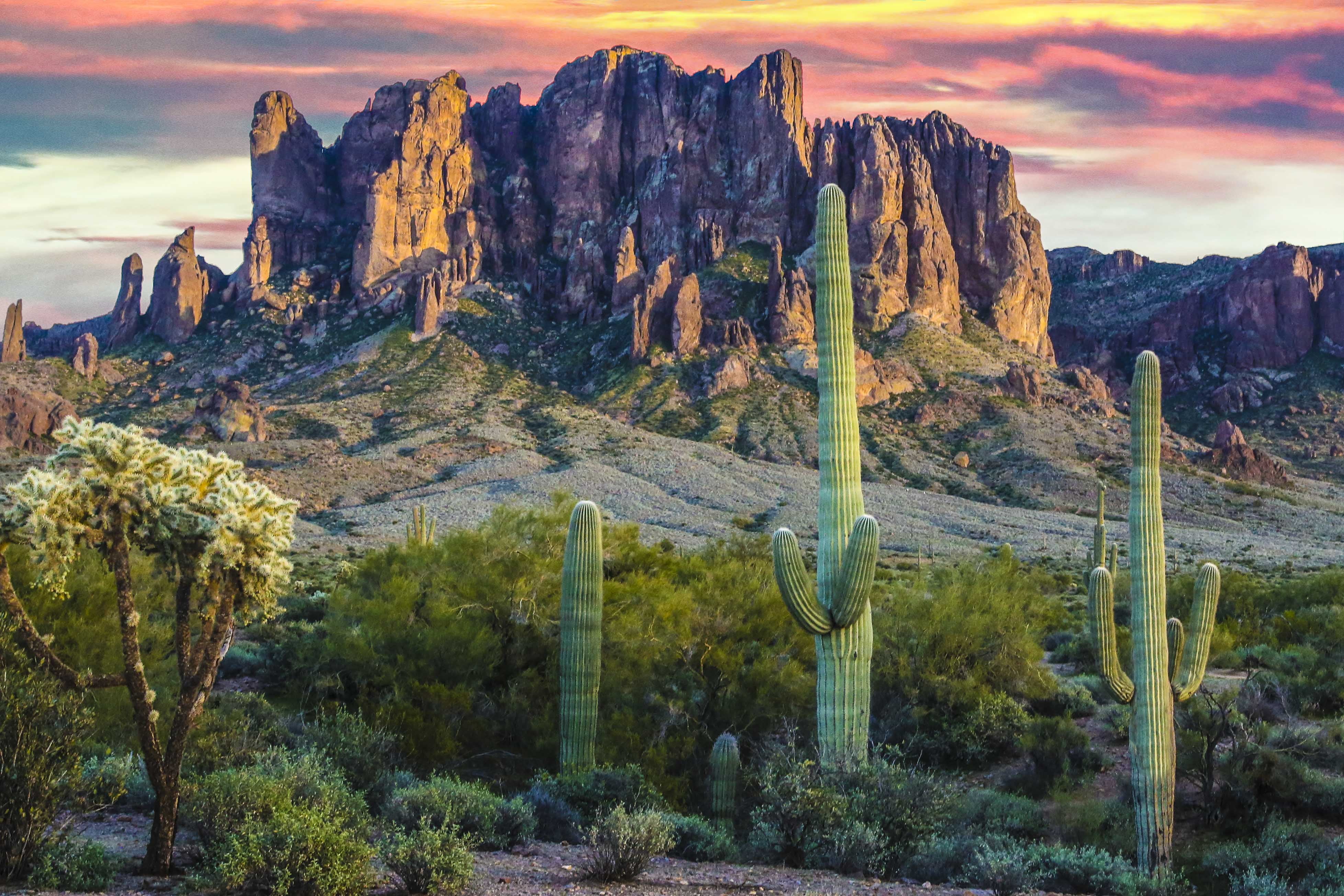 mountain, Superstitions, Cactus, nature, Landscape, sunset, 4K, superstition, famous Place, sky, outdoors, rock mountain, scenics, sandstone, photo, mountains, HD Wallpaper