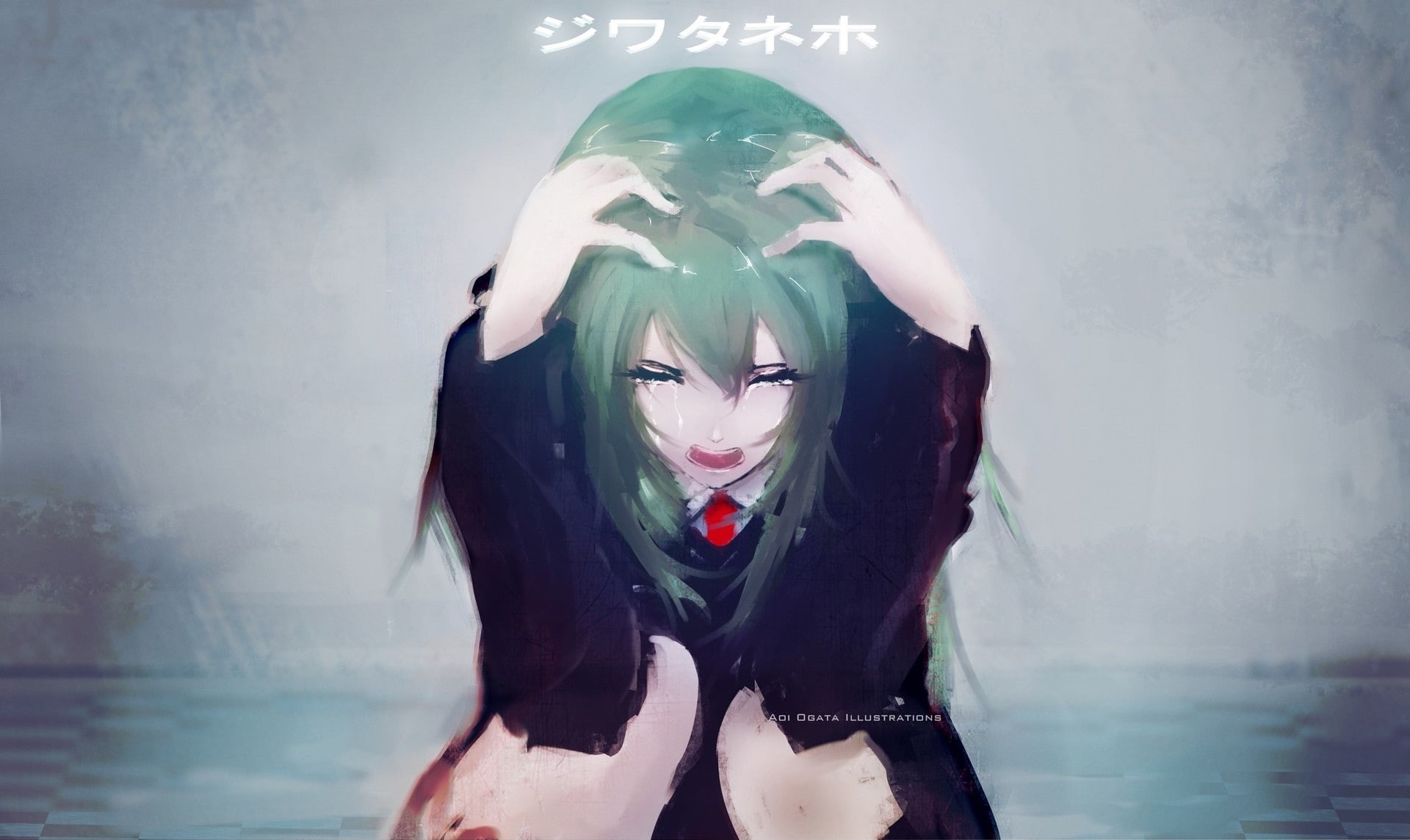 crying, 1080P, green hair, anime girls, Aoi Ogata, HD Wallpaper