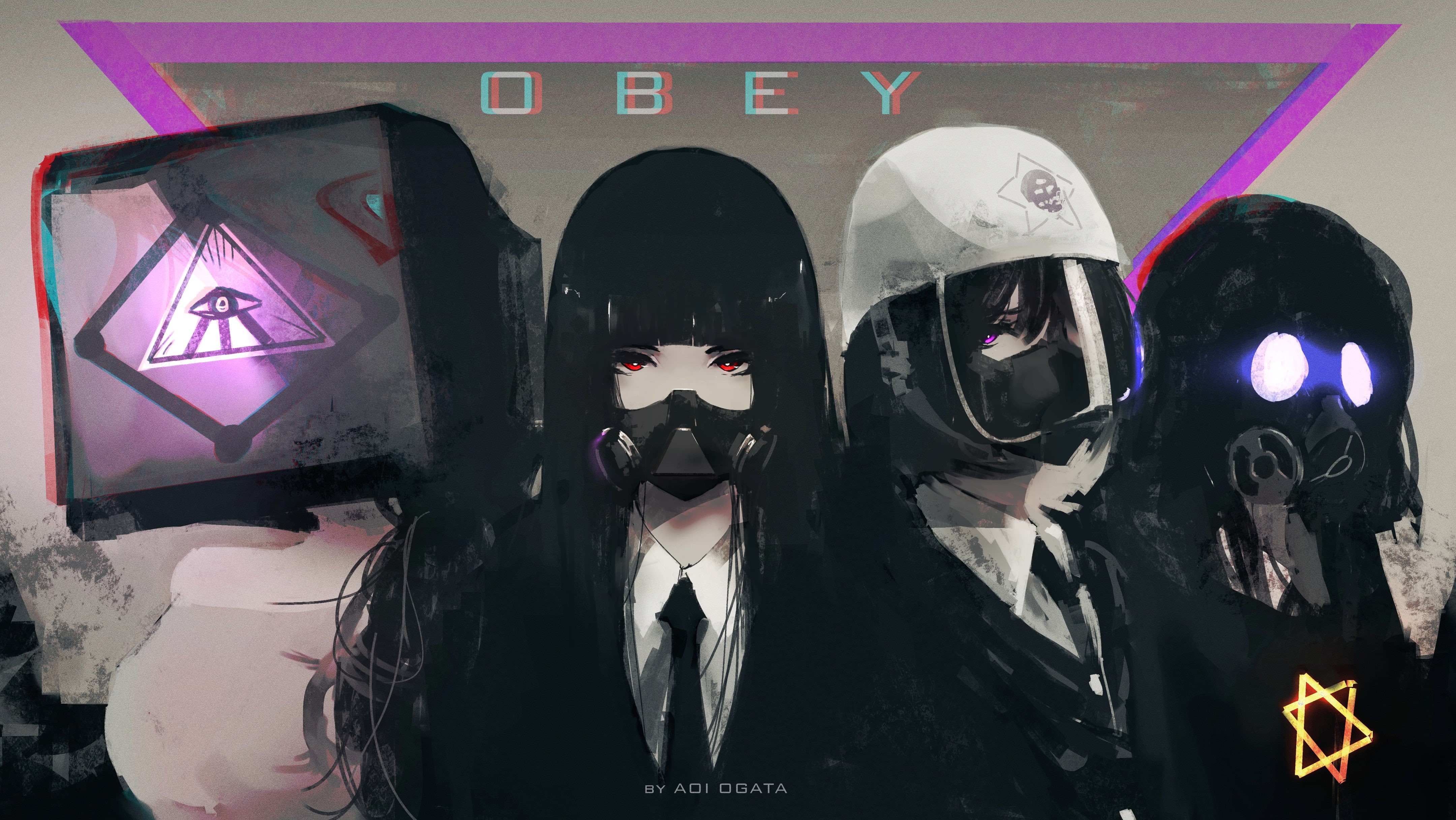 Satanism, propaganda, obey, artwork, dark hair, 4K, Aoi Ogata, Illuminati, HD Wallpaper