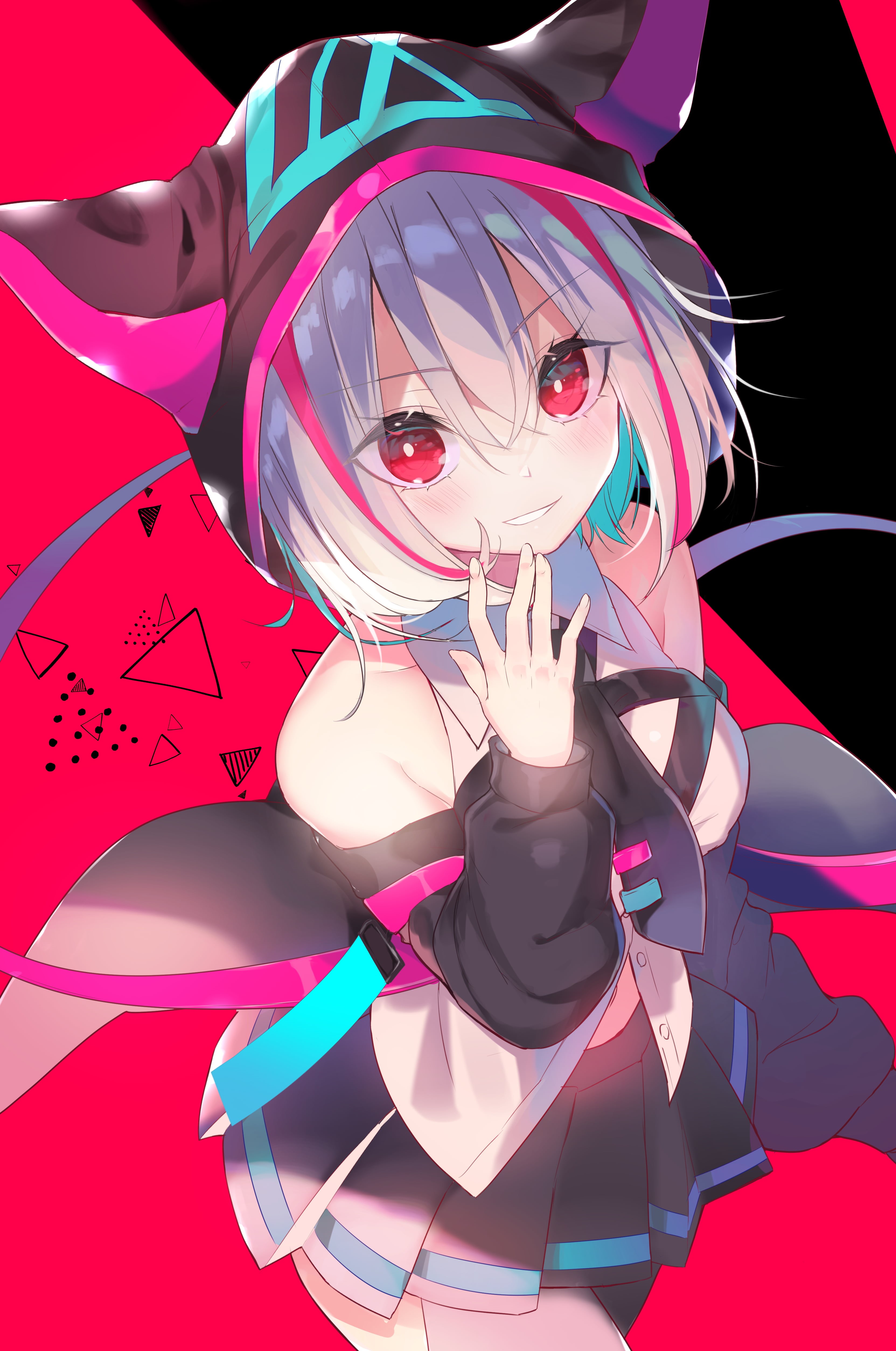 red eyes, artwork, original characters, blue hair, animal ears, 4K, tie, skirt, neko ears, portrait display, digital art, anime girls, smiling, anime, Phone HD Wallpaper