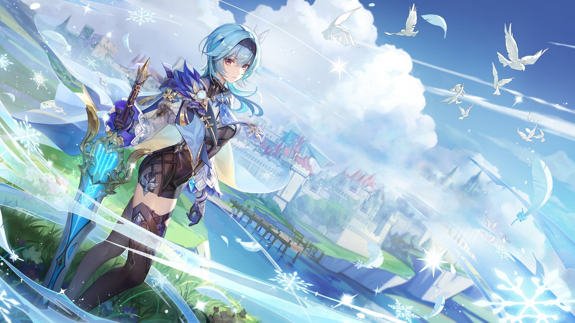fantasy art, sword, Eula(Genshin impact), nature, clouds, video game art, 1080P, anime girls, Genshin Impact, aqua hair, HD Wallpaper