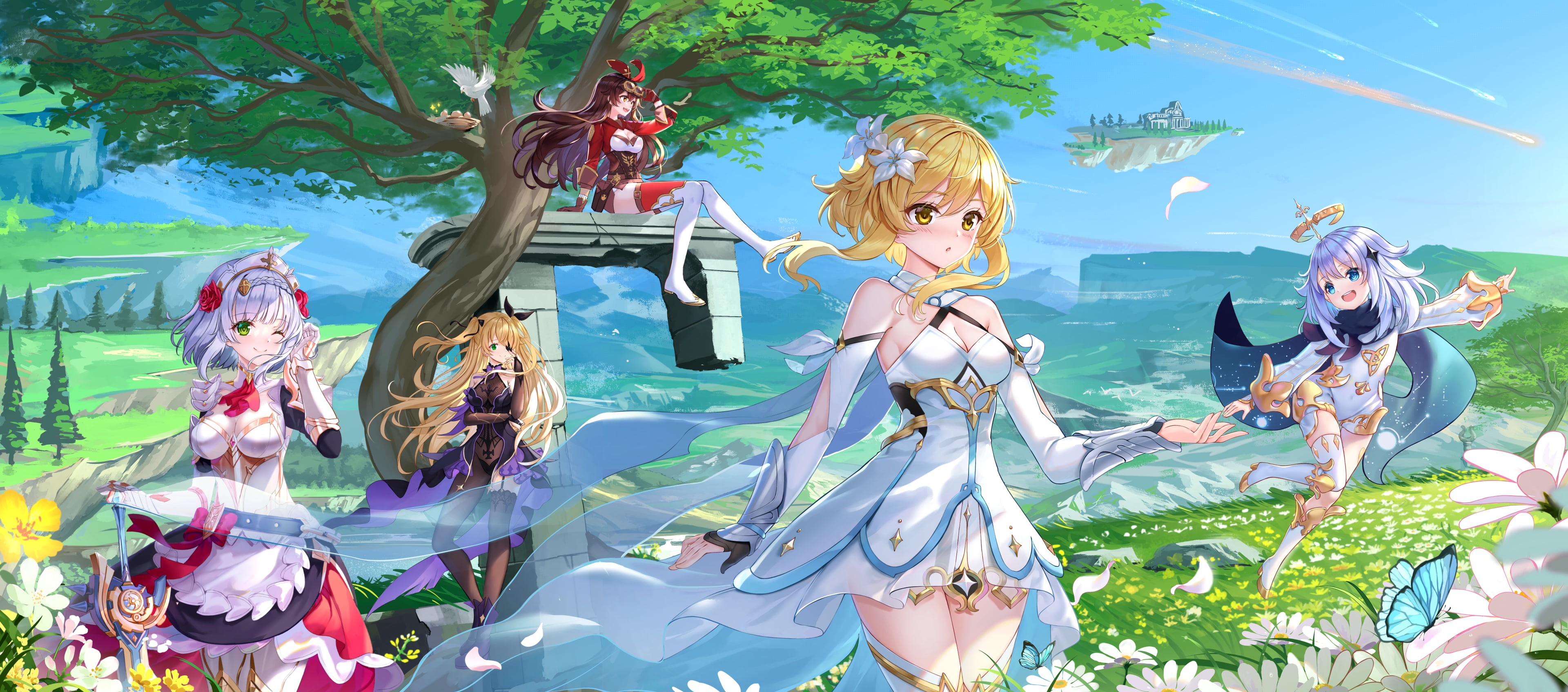 anime, digital art, Paimon(Genshin Impact), anime girls, flowers, 4K, video games, Amber (Genshin Impact), Lumine (Genshin Impact), illustration, Paimon, HD Wallpaper