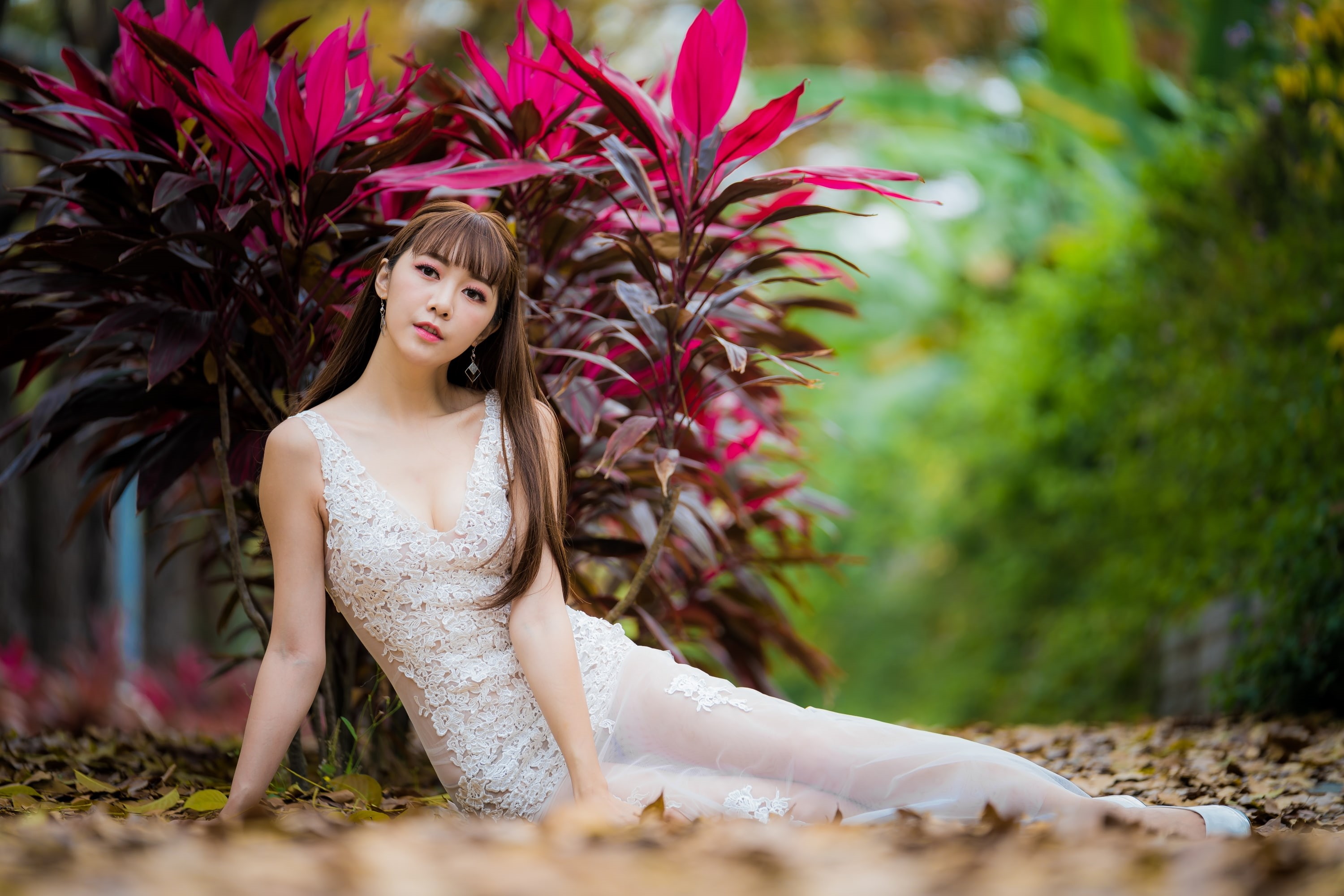 model, clothing, long hair, dress, beauty, plant, looking at viewer, depth of field, real people, Asian, young adult, beautiful woman, adult, plants, hair, HD Wallpaper