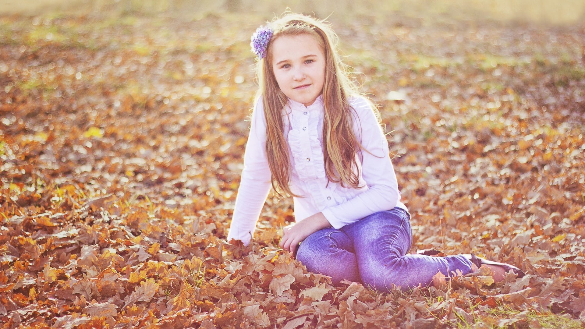 fallen leaves, little girl, outdoors, 1080P, sitting, flower in hair, children, HD Wallpaper