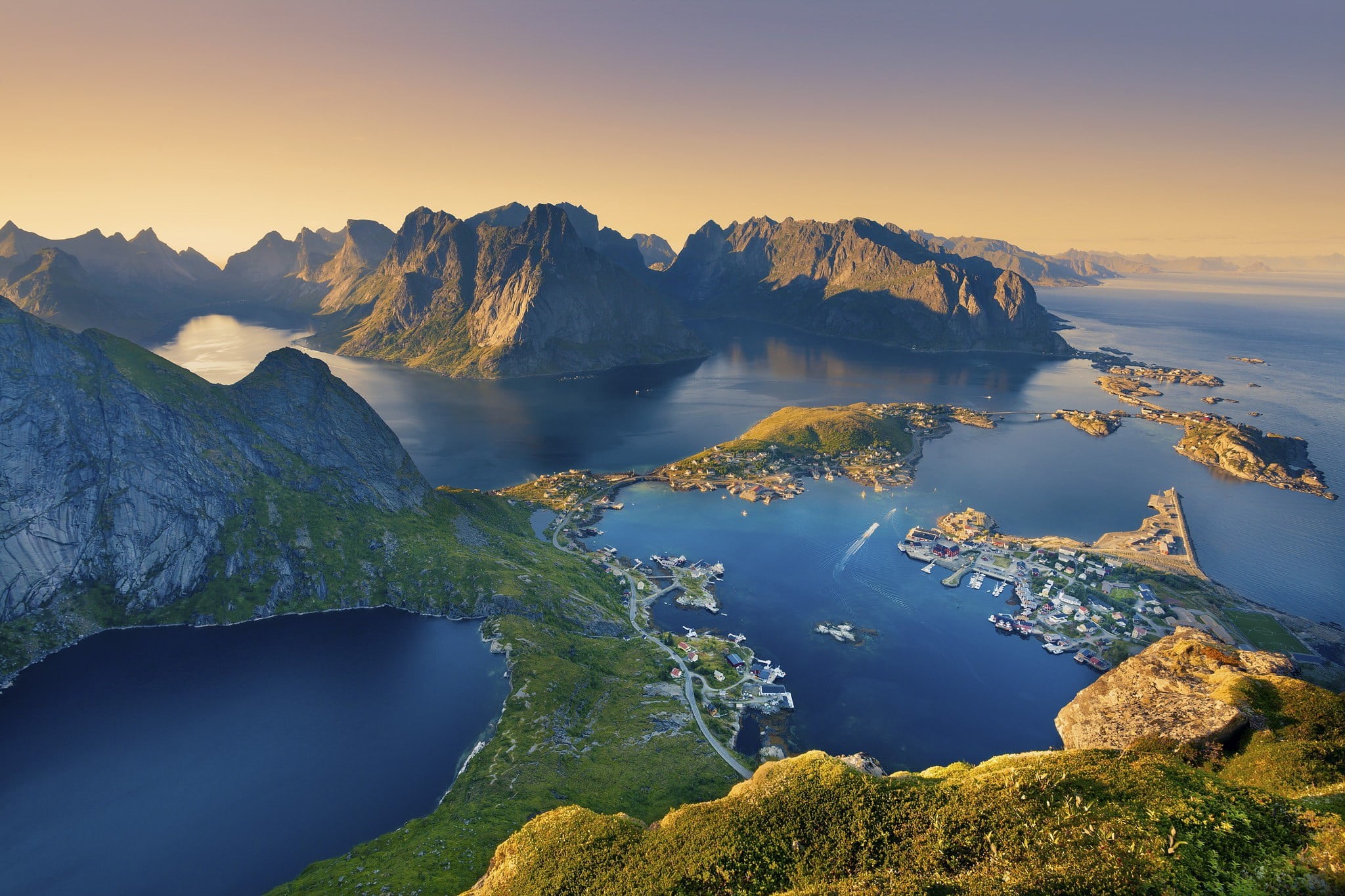remote, Europe, coast, rock, sky, no people, tranquil scene, mountains, solid, outdoors, 1080P, sea, scenics - nature, town, Norway, bay, harbor, reflection, HD Wallpaper