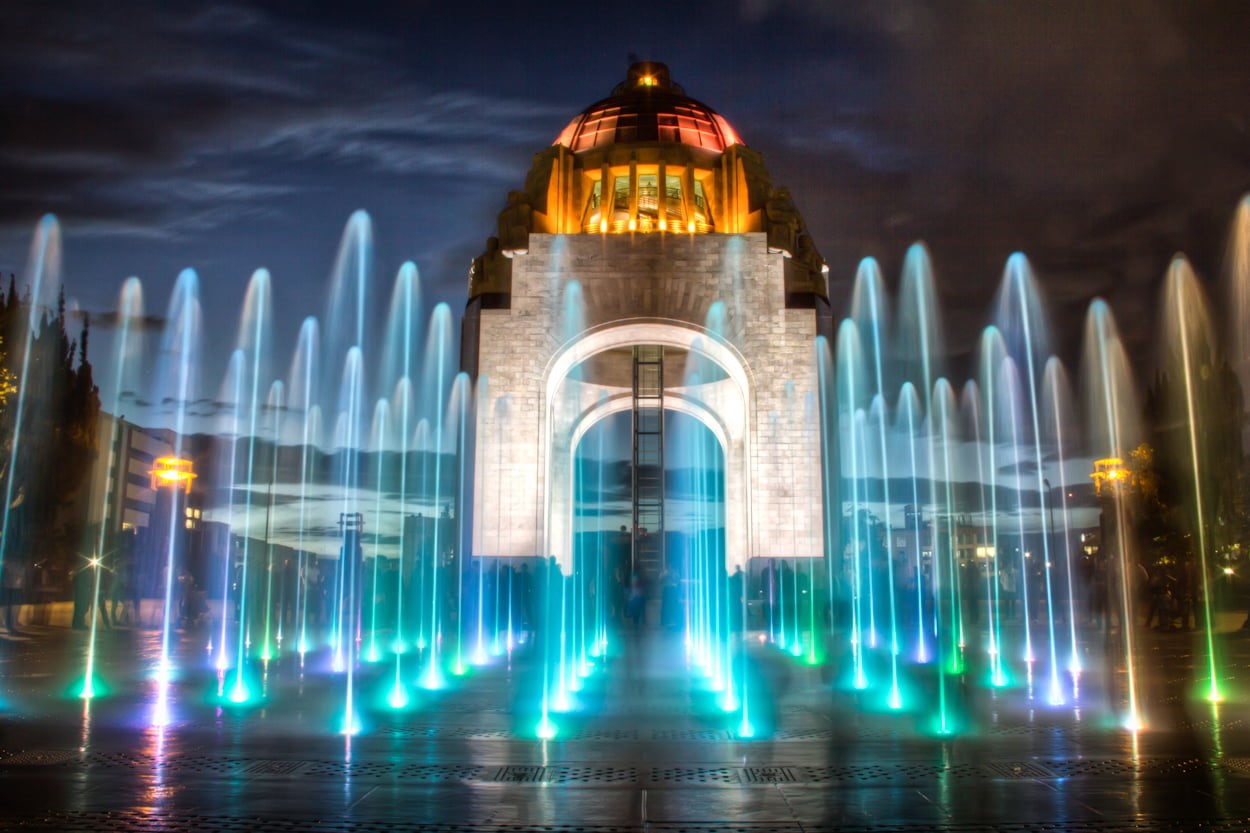 fountain, front, architectural, dome, luz, 480P, architectural photography, water, brown, México, photography, Monumento a la revolución, lightpainting, HD Wallpaper