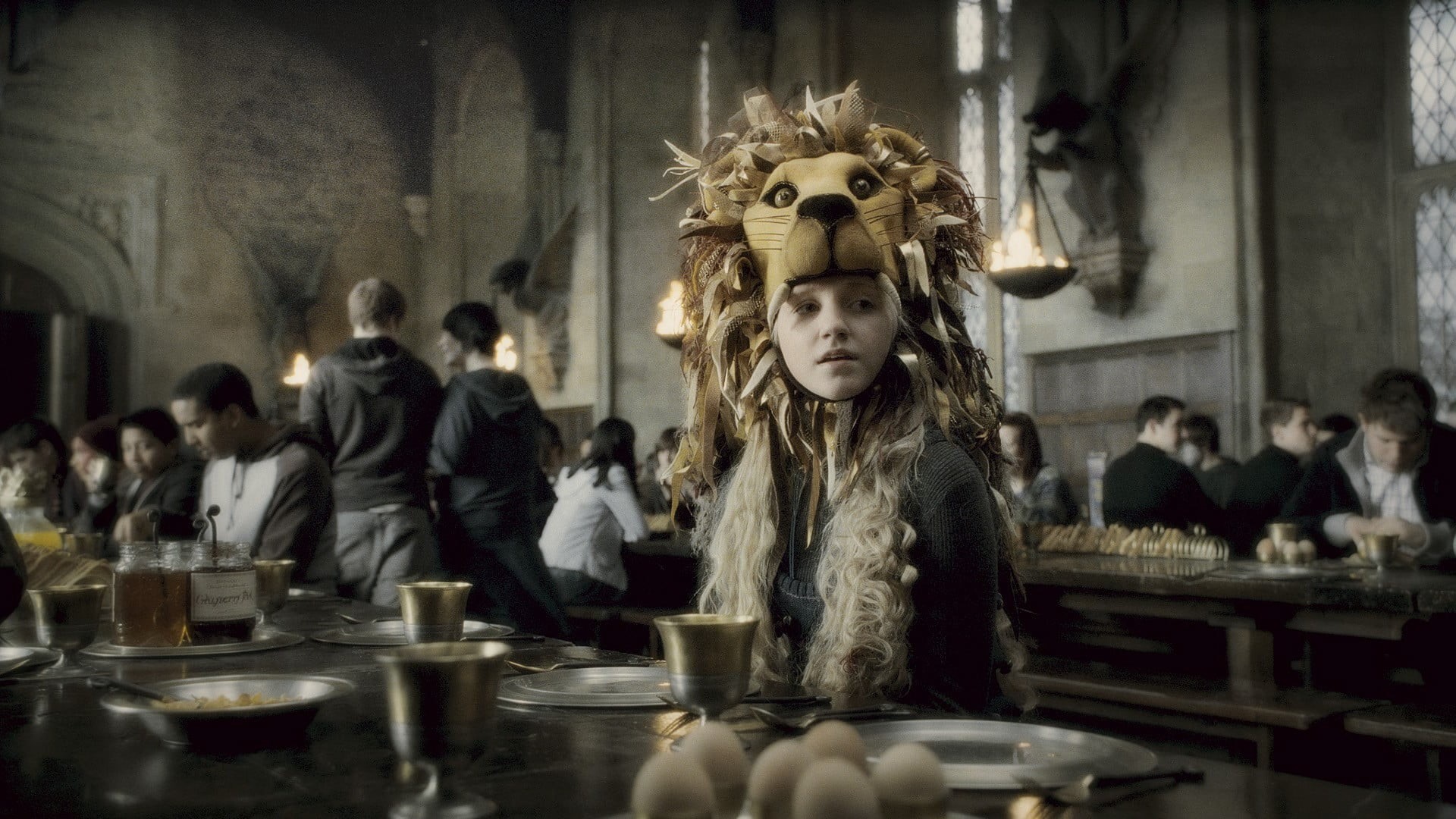 group of people, incidental people, movies, mask, movie, food and drink, Evanna Lynch, table, 1080P, adult, indoors, sitting, cup, crowd, harry, people, HD Wallpaper
