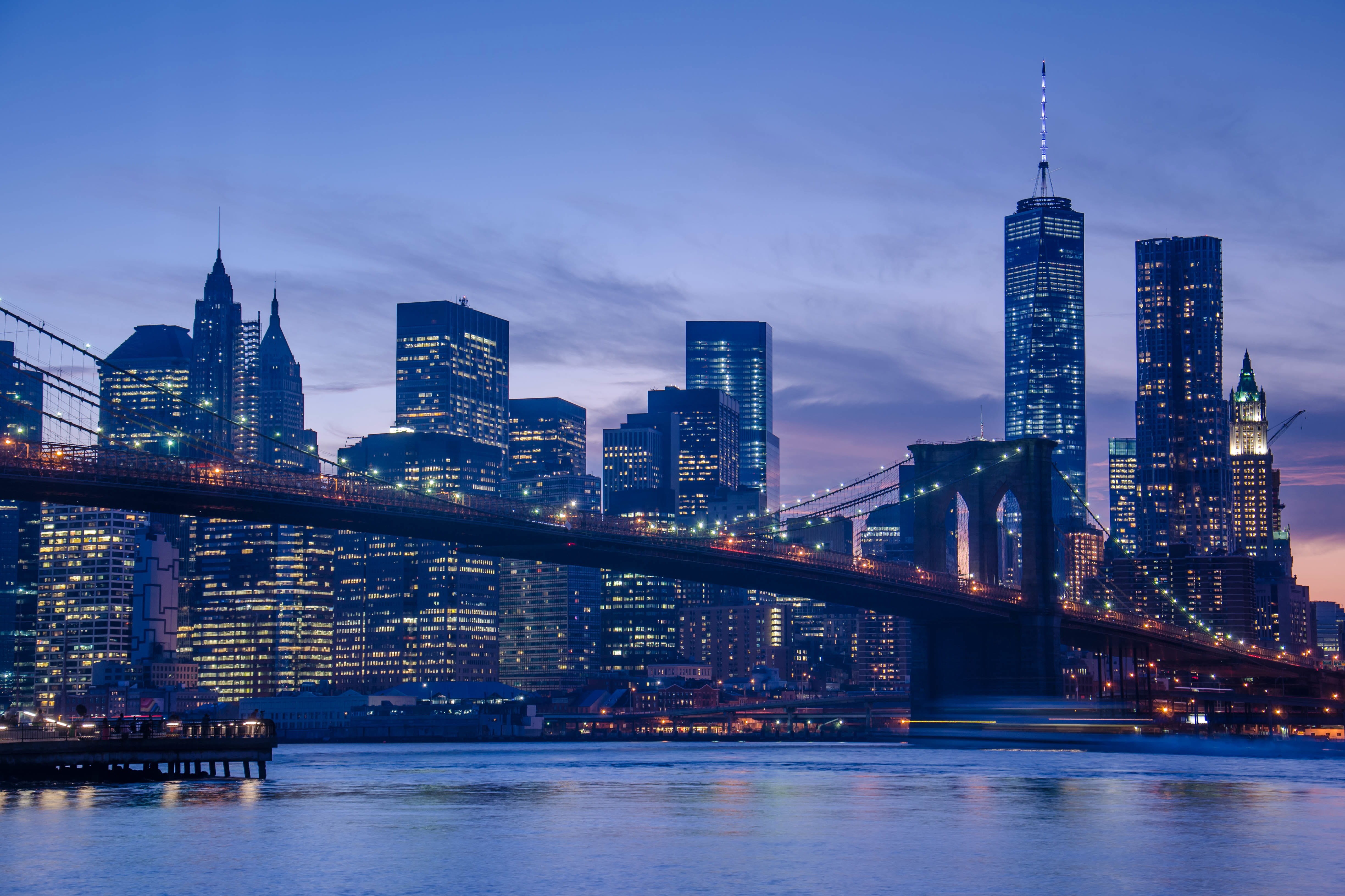 connection, skyscraper, urban Scene, illuminated, building, new, nYC, bridge - Man Made Structure, no people, famous, uSA, urban Skyline, city, york, outdoors, HD Wallpaper
