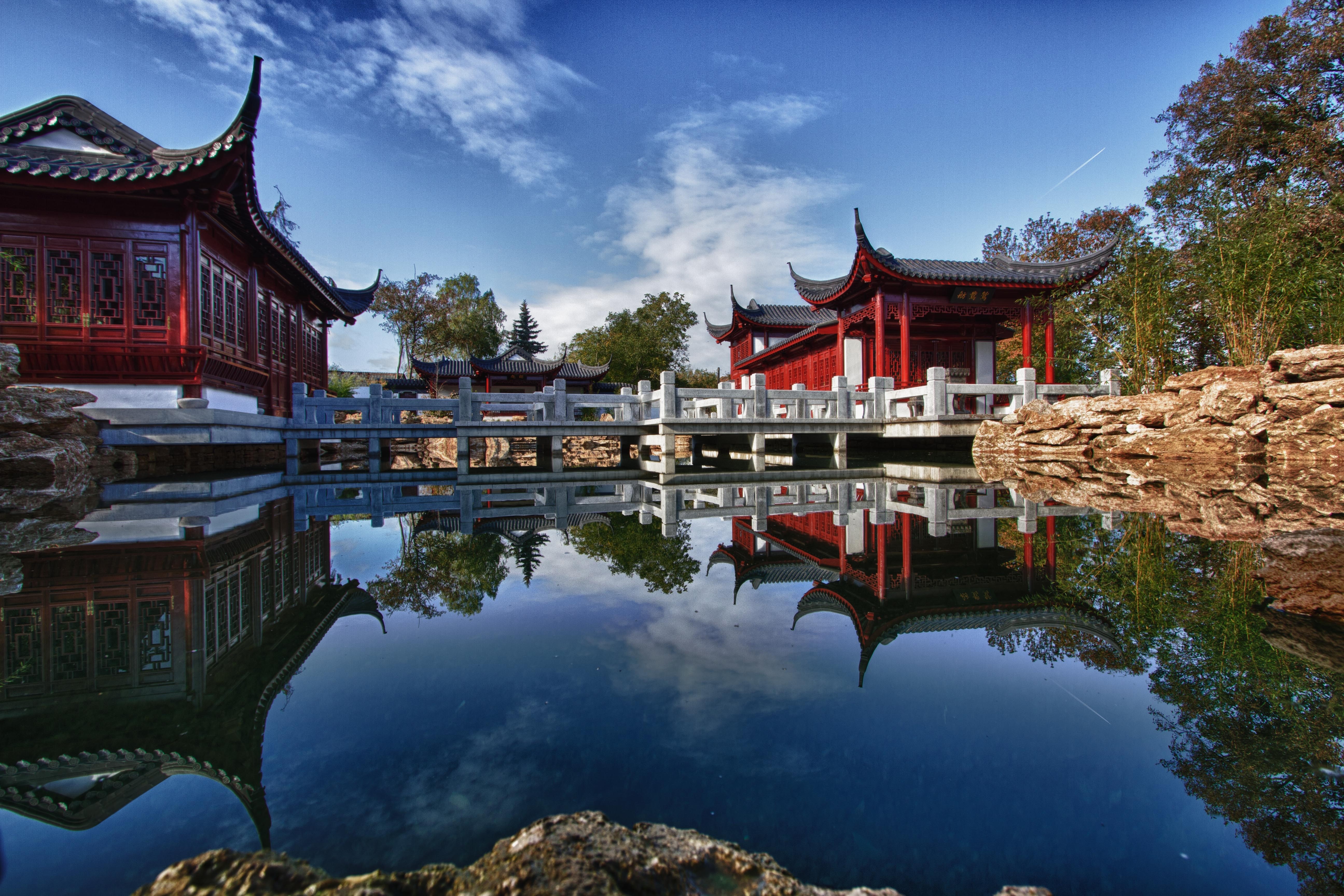 sky, stratus, symmetry, famous Place, reflection, clouds, photography, china - East Asia, east Asian Culture, architectural, water, waterfront, relaxation, HD Wallpaper