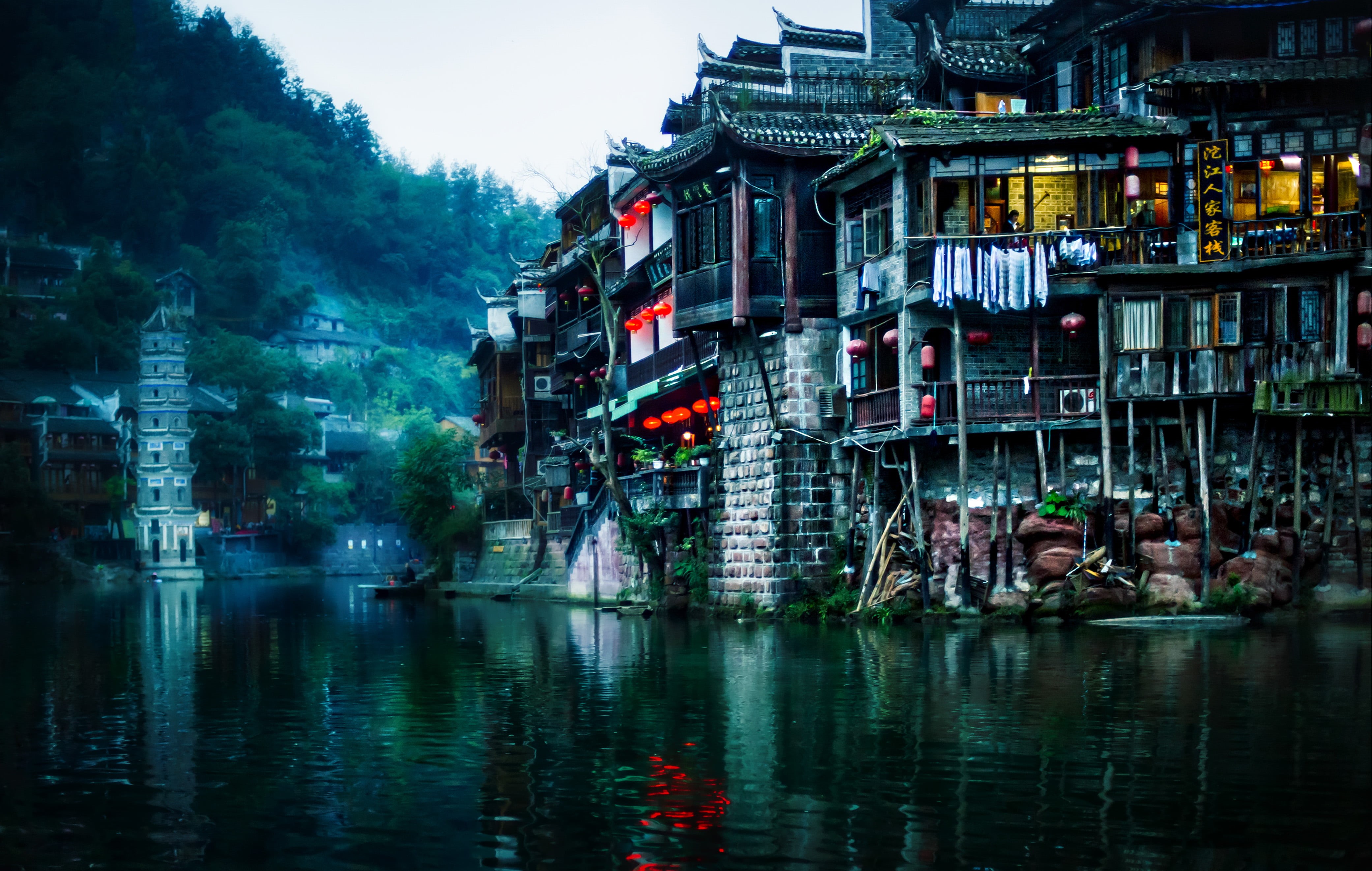 Fenghuang, water, cultures, daytime, asia, architecture, body of water, Fog, City, body, famous Place, HDR Photography, chinese Culture, Moody, town, china - East Asia, HD Wallpaper