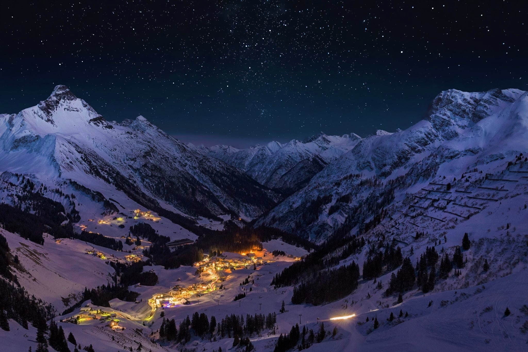 1080P, Town, Winter, Valley, Man Made, Night, Mountain, Snow, Light, HD Wallpaper